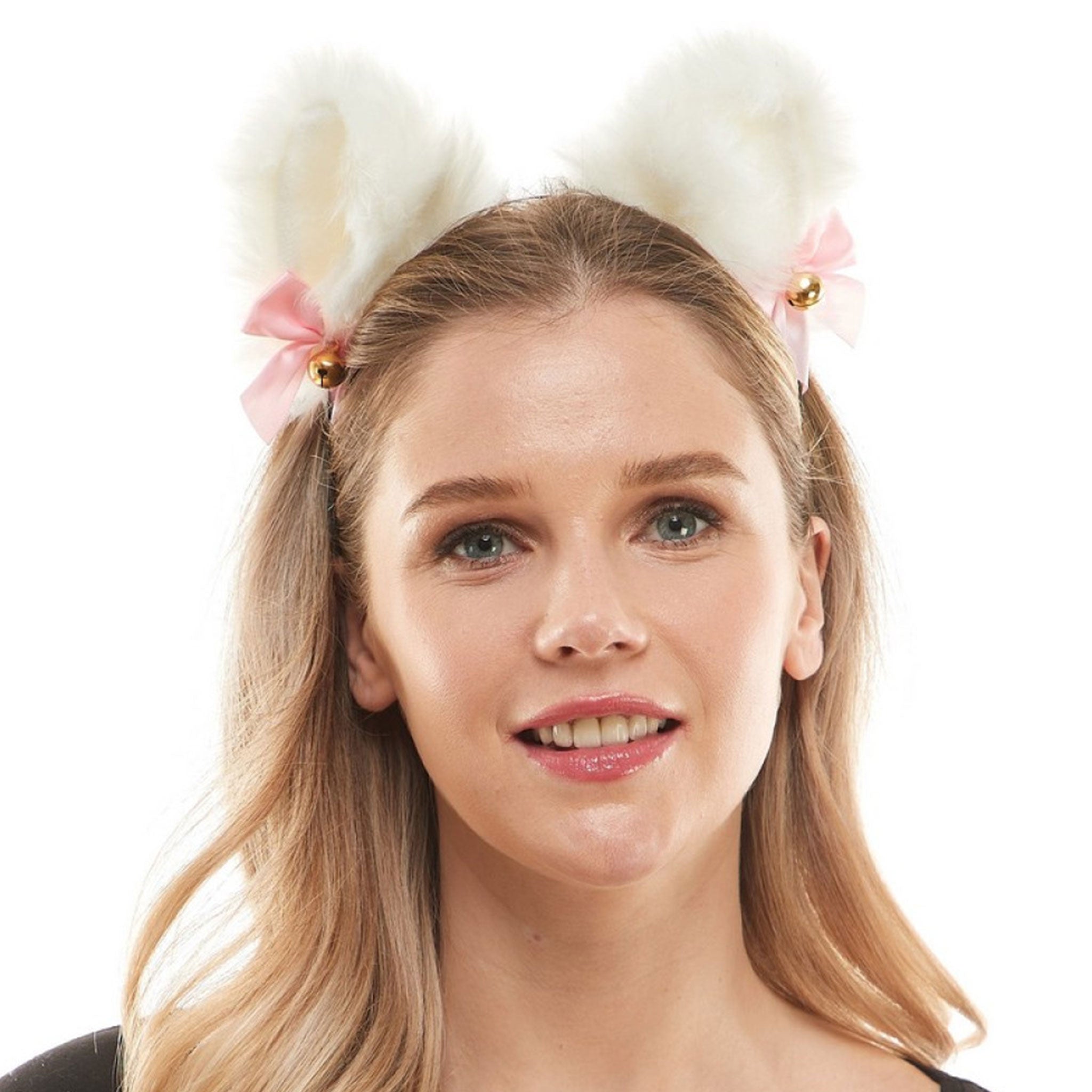 Faux-fur plush satin-ribbon metallic accessories headgear headband hairband cat-ears cat-bell satin-bow flexible fuzzy furry soft fetish fashion alt-fashion festival rave ravewear raver-babe bdsm bondage bdsm-gear kink kinky kinkwear kinky-play yiff animal pet pet-play cat kitten kitty costume cosplay halloween halloween-accessories female femme feminine womens unisex white pink