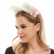 Faux-fur plush satin-ribbon metallic accessories headgear headband hairband cat-ears cat-bell satin-bow flexible fuzzy furry soft fetish fashion alt-fashion festival rave ravewear raver-babe bdsm bondage bdsm-gear kink kinky kinkwear kinky-play yiff animal pet pet-play cat kitten kitty costume cosplay halloween halloween-accessories female femme feminine womens unisex white pink