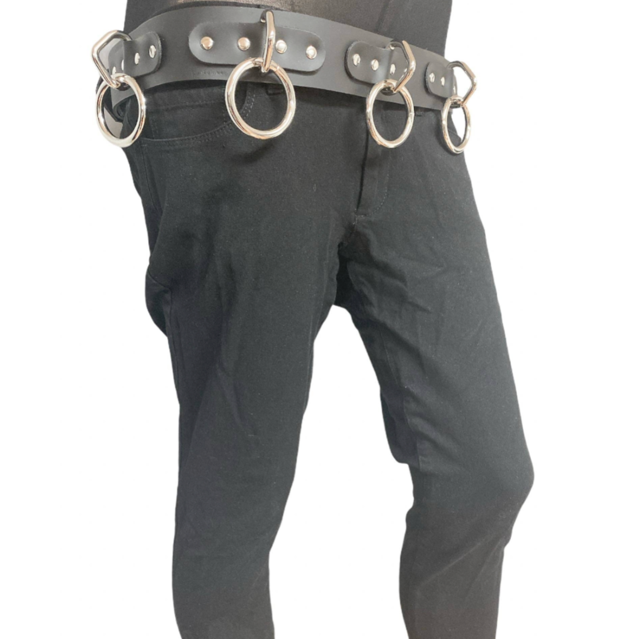 blue leather bondage belt wide with 1.5 inch metal rings loops fetish gothic punk waist accessory