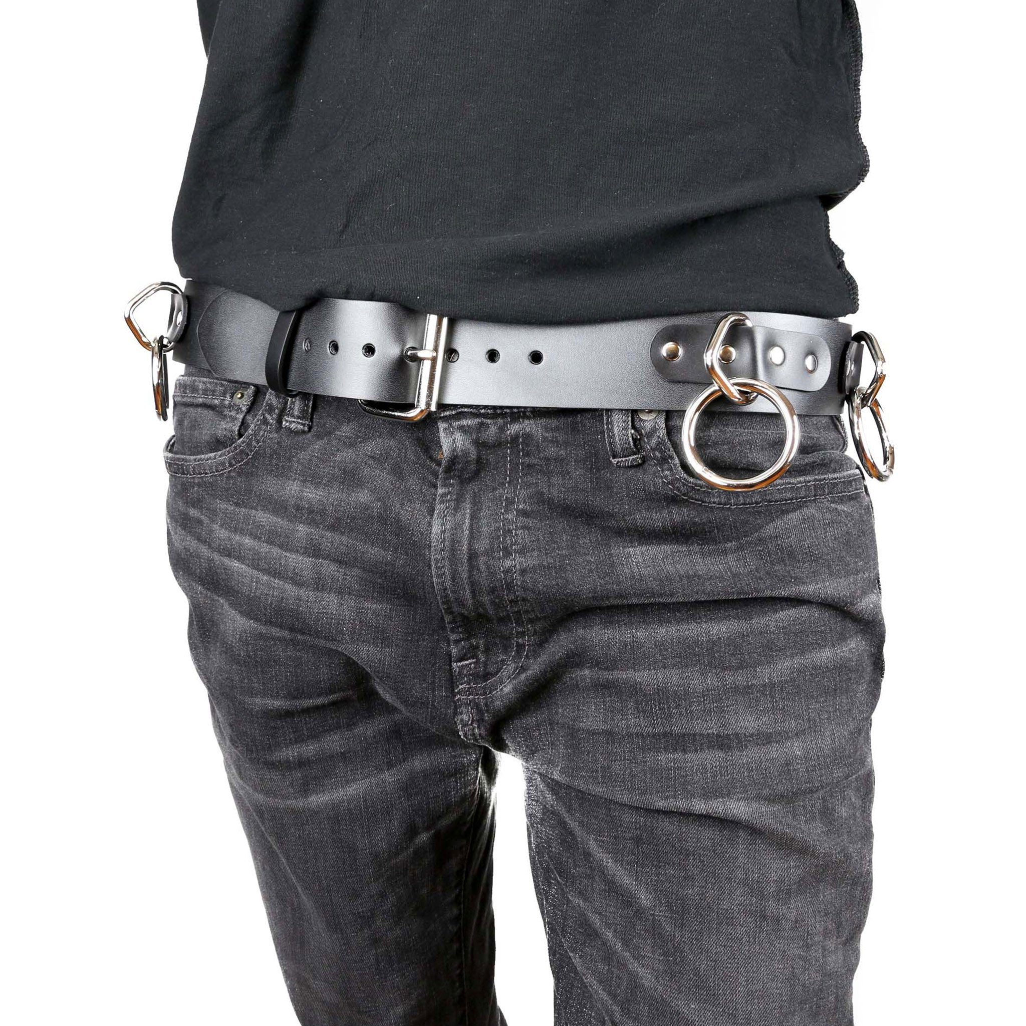 Leather genuine-leather accessories belt wide-belt O-ring pentagon-ring riveted adjustable buckle industrial jangling fetish fashion alt-fashion alternative punk rock rockstar goth gothic cyber emo bondage bdsm-fashion costume cosplay halloween gifts unisex black