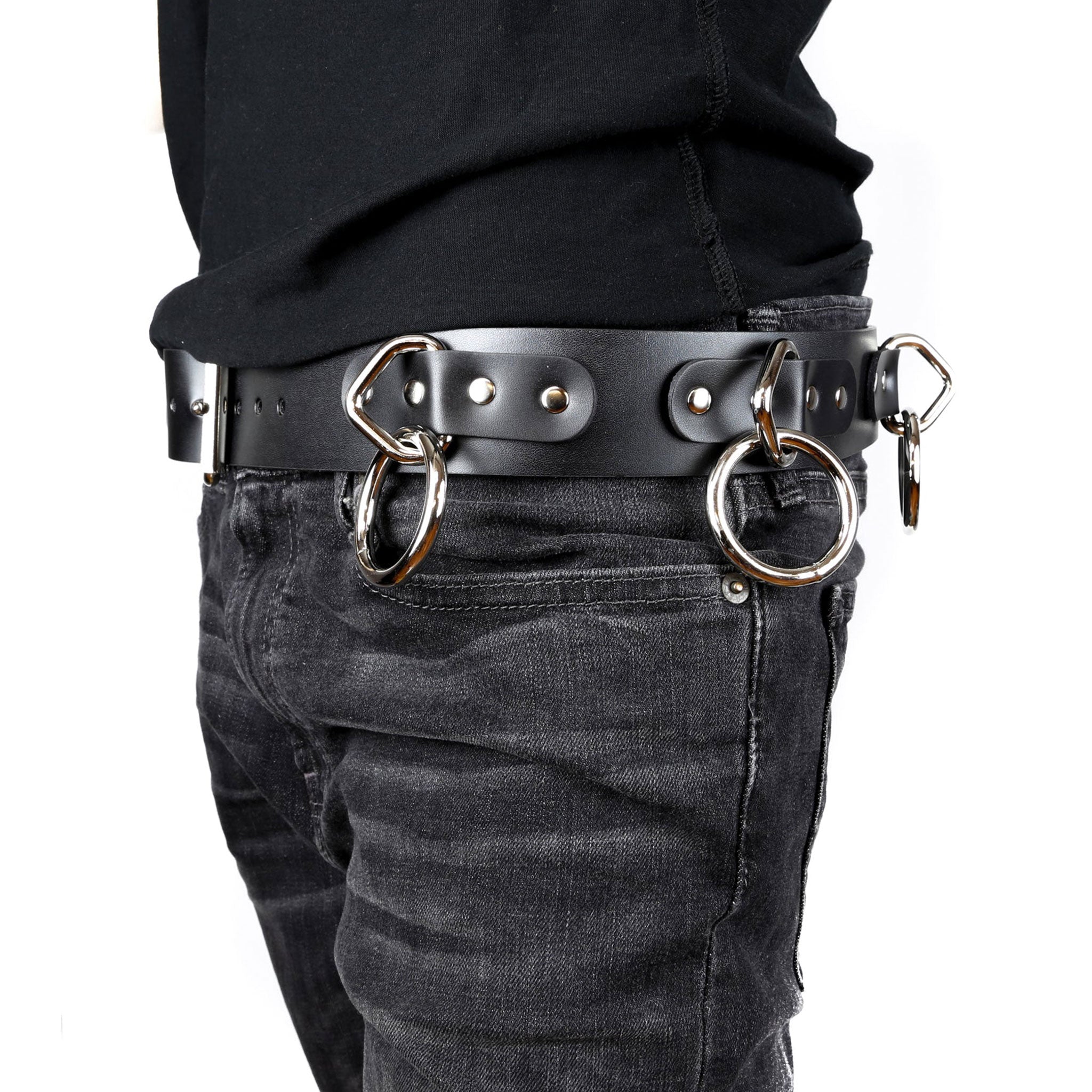 Leather genuine-leather accessories belt wide-belt O-ring pentagon-ring riveted adjustable buckle industrial jangling fetish fashion alt-fashion alternative punk rock rockstar goth gothic cyber emo bondage bdsm-fashion costume cosplay halloween gifts unisex black