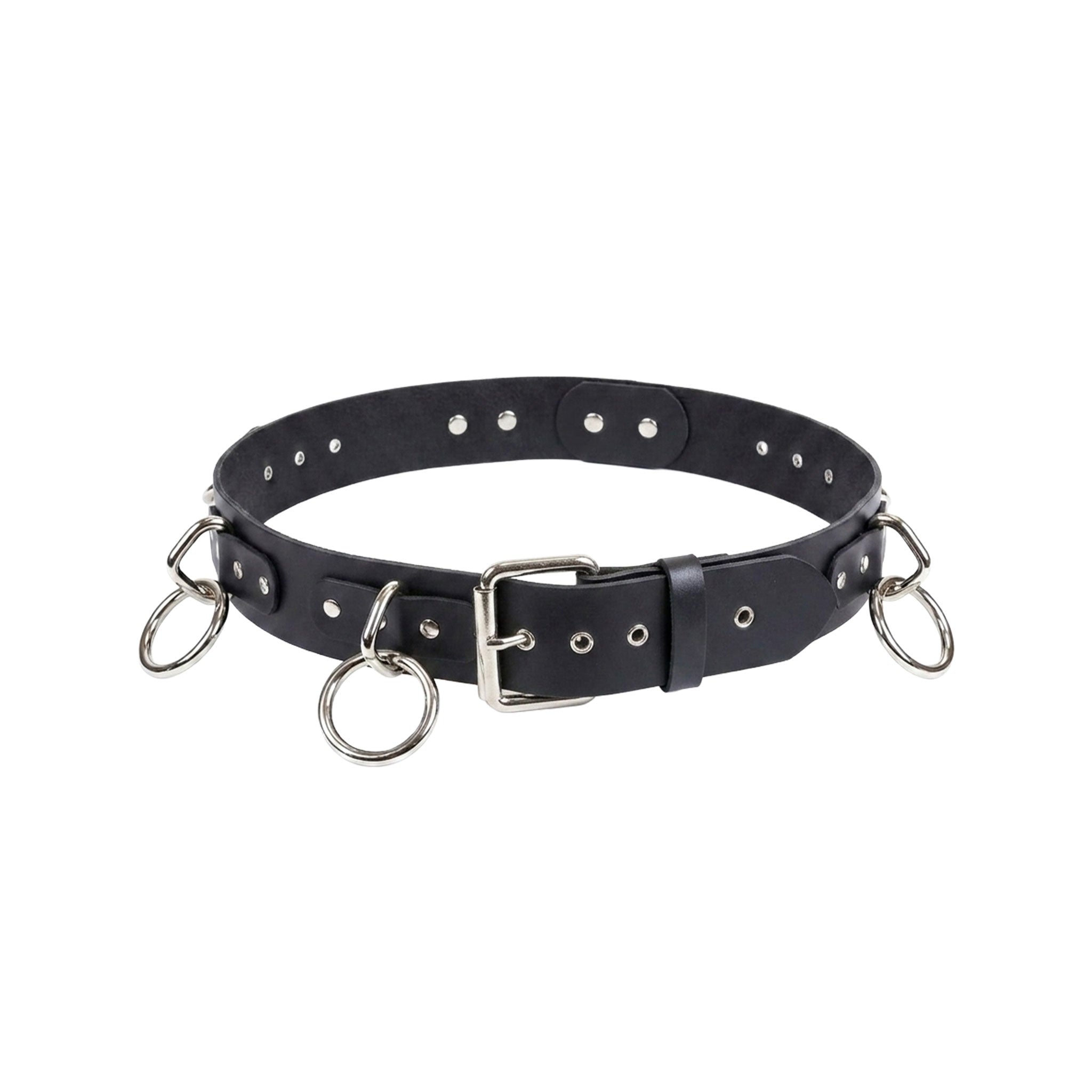 Leather genuine-leather accessories belt wide-belt O-ring pentagon-ring riveted adjustable buckle industrial jangling fetish fashion alt-fashion alternative punk rock rockstar goth gothic cyber emo bondage bdsm-fashion costume cosplay halloween gifts unisex black