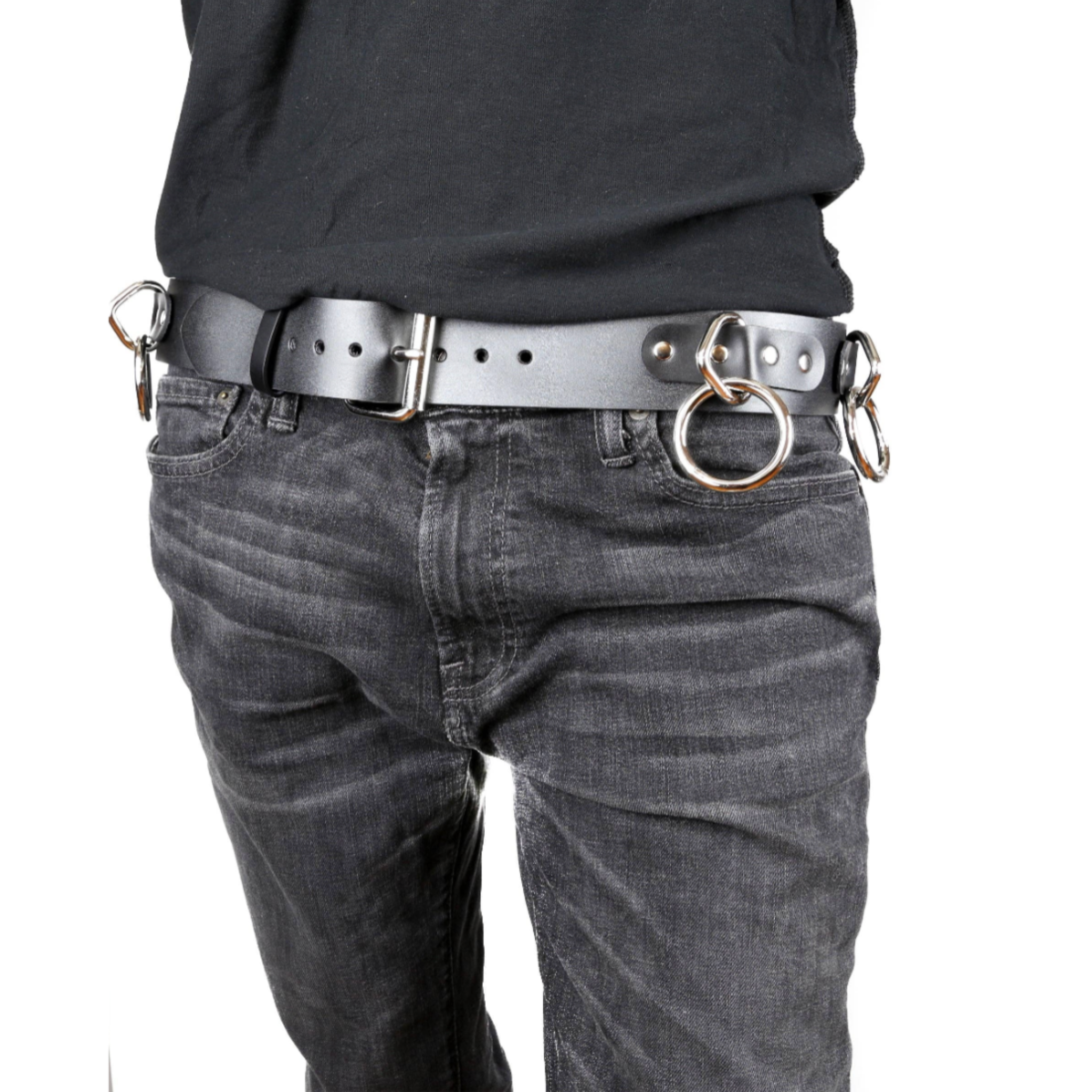 blue leather bondage belt wide with 1.5 inch metal rings loops fetish gothic punk waist accessory