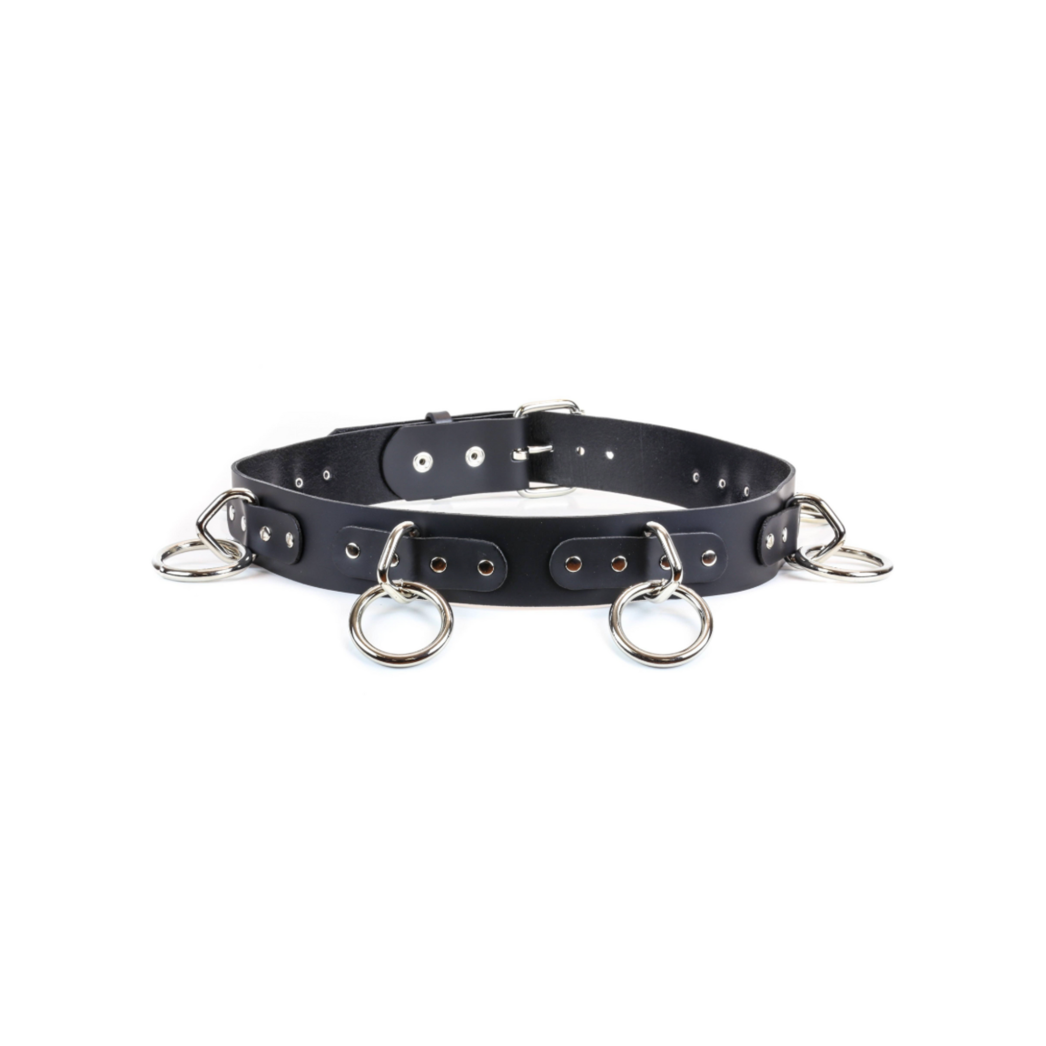 blue leather bondage belt wide with 1.5 inch metal rings loops fetish gothic punk waist accessory