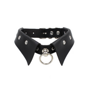 women rivet punk gothic collar pu leather fold over design metal studs center hanging ring buckle closure fetish choker