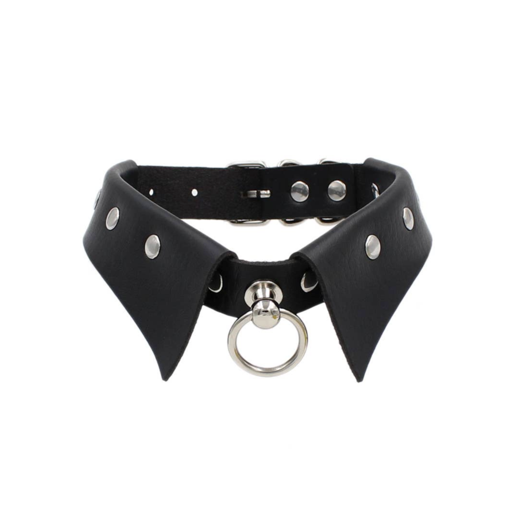 women rivet punk gothic collar pu leather fold over design metal studs center hanging ring buckle closure fetish choker