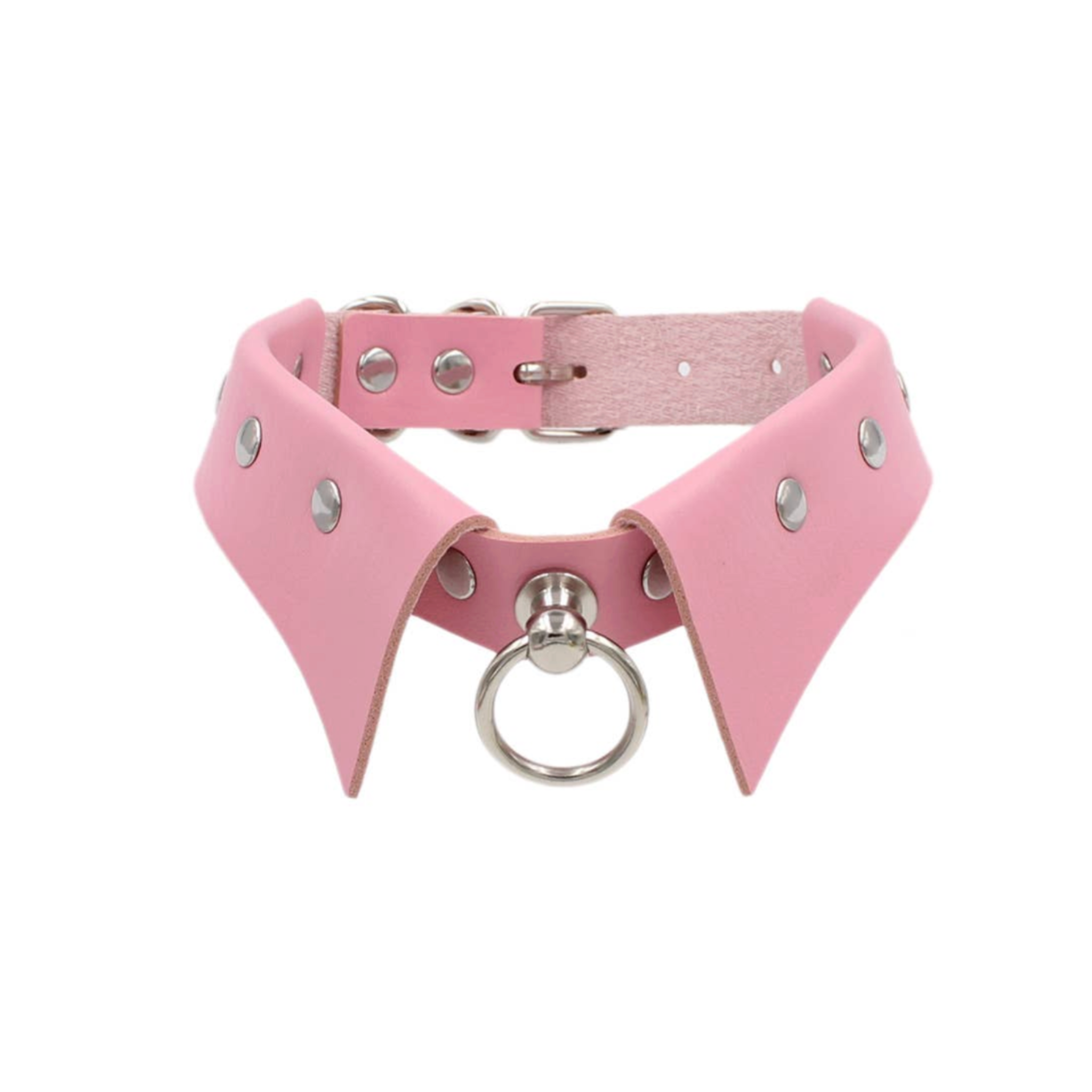 women rivet punk gothic collar pu leather fold over design metal studs center hanging ring buckle closure fetish choker