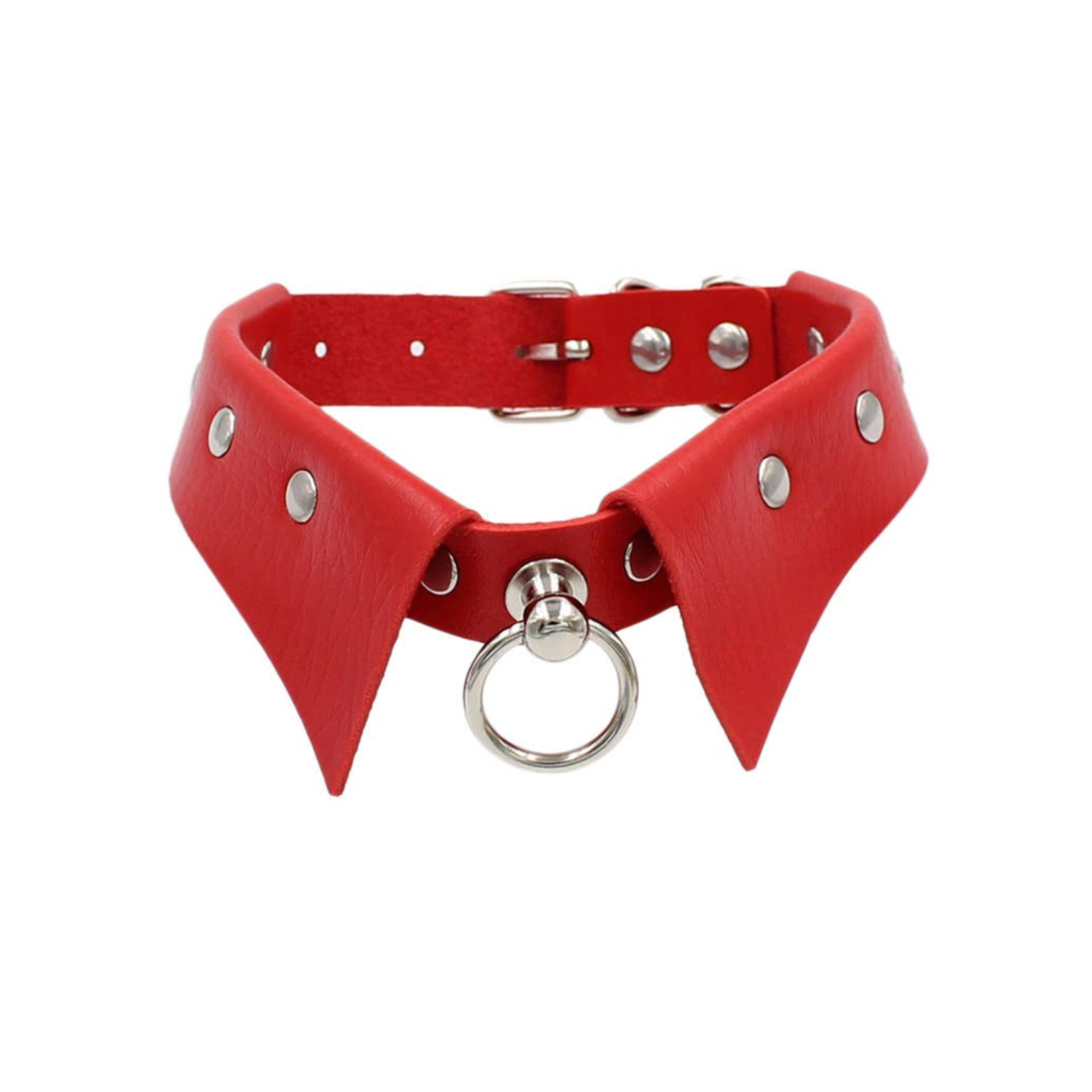 women rivet punk gothic collar pu leather fold over design metal studs center hanging ring buckle closure fetish choker