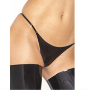 Women’s latex G-string black minimal coverage thin back strap body-hugging sexy fetish lingerie kinky latex underwear.
