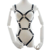 PVC vegan-leather apparel harness body-harness teddy O-ring anchor adjustable buckle strappy curve-hugging comfortable stylish fetish fashion alt-fashion dominatrix domina bondage bdsm bdsm-gear domination sub submission kink kinky kinkwear costume cosplay halloween female femme feminine womens black