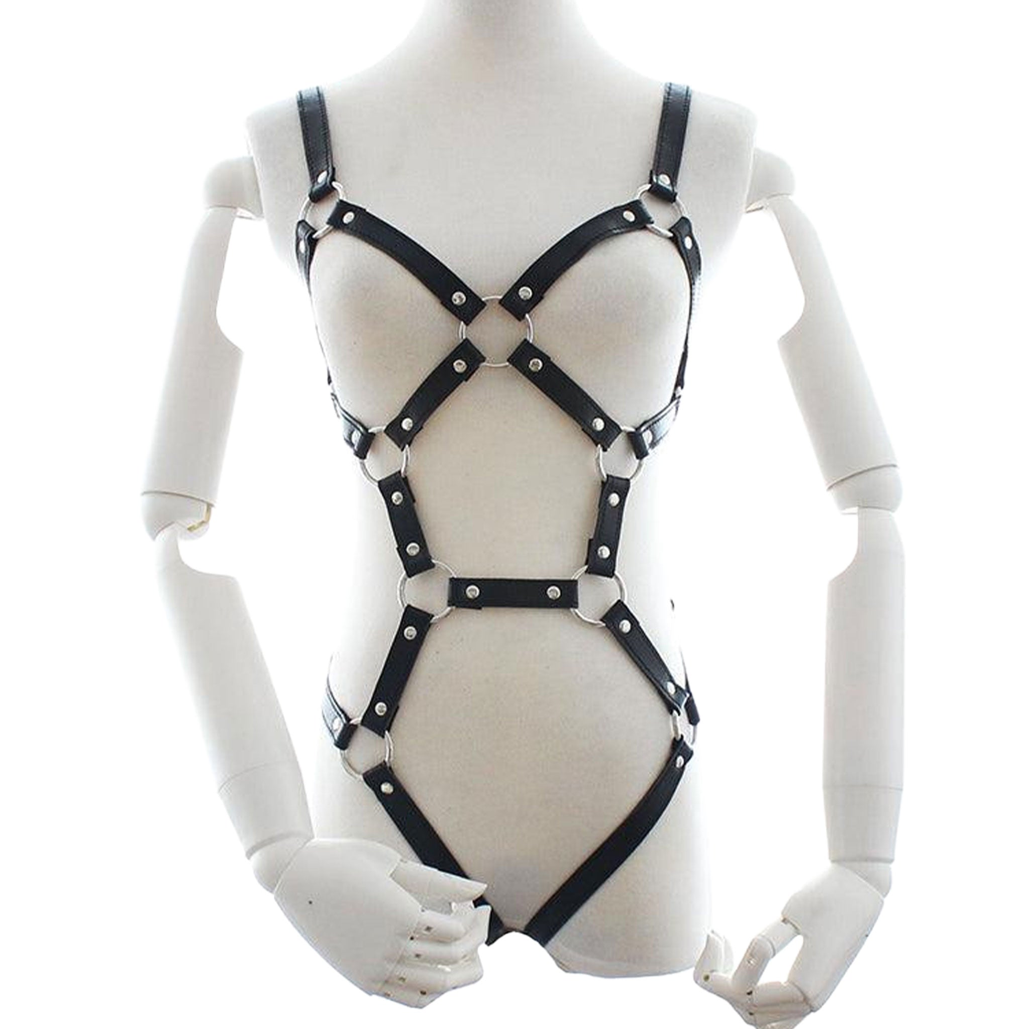 PVC vegan-leather apparel harness body-harness teddy O-ring anchor adjustable buckle strappy curve-hugging comfortable stylish fetish fashion alt-fashion dominatrix domina bondage bdsm bdsm-gear domination sub submission kink kinky kinkwear costume cosplay halloween female femme feminine womens black