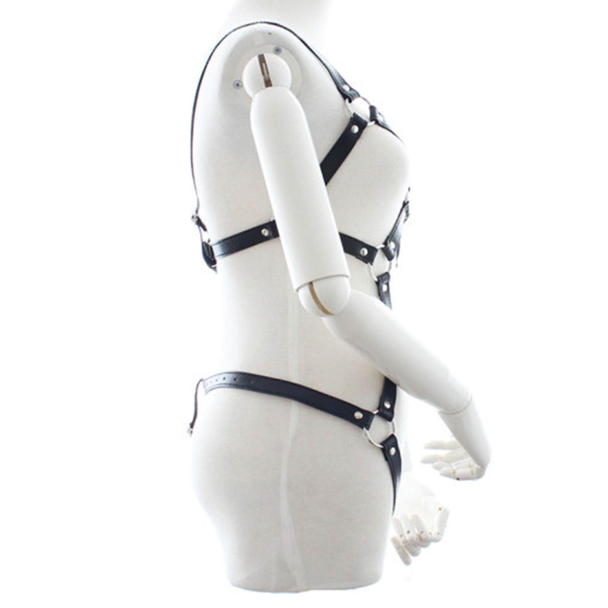 PVC vegan-leather apparel harness body-harness teddy O-ring anchor adjustable buckle strappy curve-hugging comfortable stylish fetish fashion alt-fashion dominatrix domina bondage bdsm bdsm-gear domination sub submission kink kinky kinkwear costume cosplay halloween female femme feminine womens black