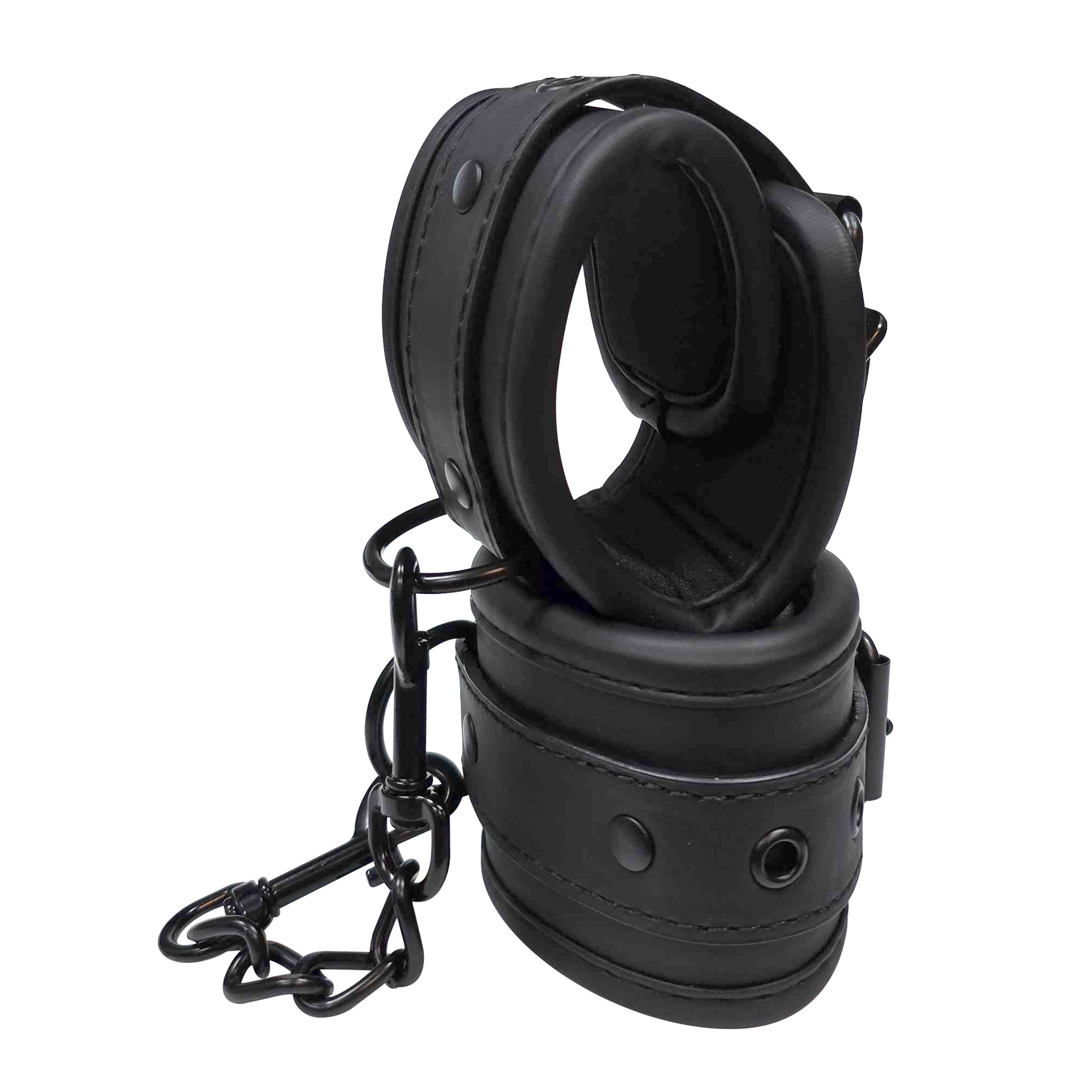Neoprene padded accessories restraints cuffs wrist wrist-cuffs dual-layer D-ring chain connecting-chain removable spring-clip adjustable buckle soft durable tough fetish fashion alt-fashion bdsm bdsm-toys bdsm-gear bondage restraints kink kinky kinky-play unisex black