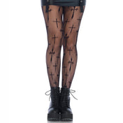 Spandex nylon fishnet fish-net accessories intimates hosiery pantyhose panty-hose tights stockings cross-pattern reinforced-toe stretchy breathable demure daring spooky fetish fashion alt-fashion alternative punk rock goth gothic gothic-doll costume cosplay halloween halloween-accessories sacrilege female femme feminine women black