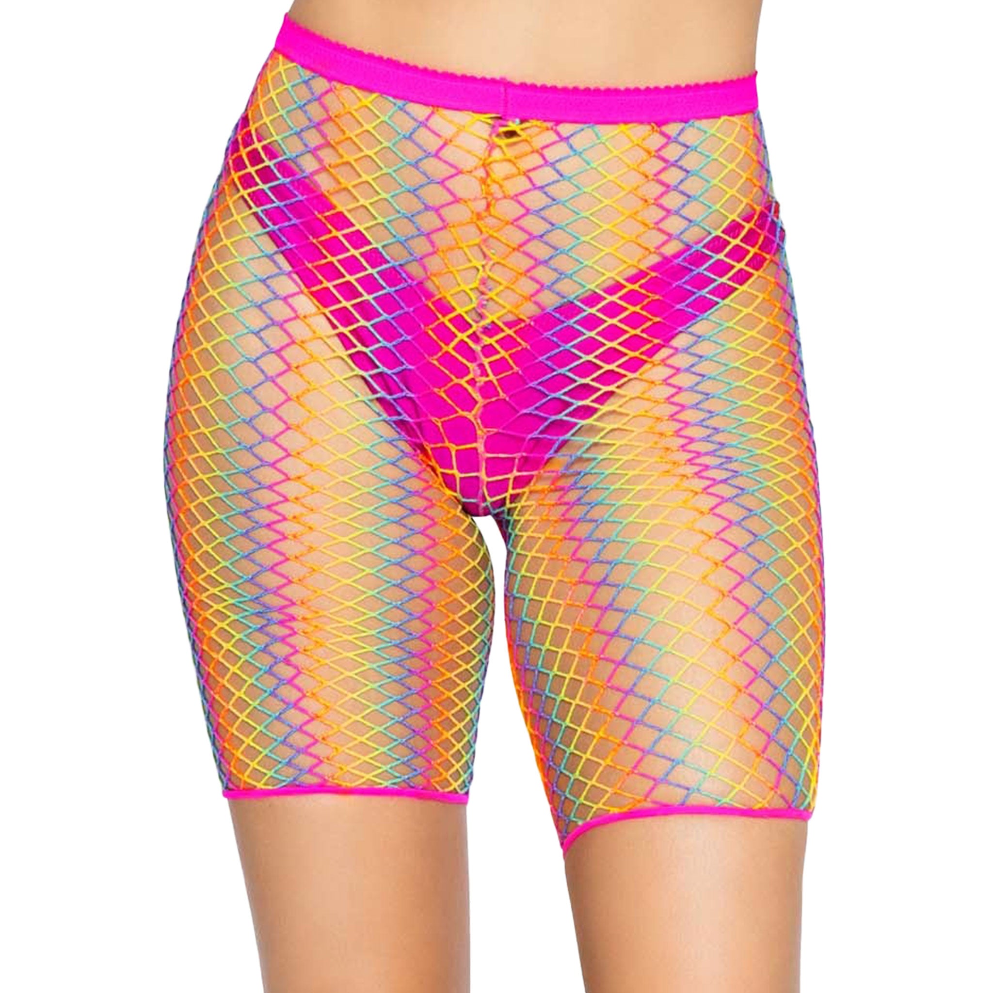 Nylon Spandex fishnet transparent seethru see-through see-thru apparel intimates bottoms shorts biker-shorts high-waist mid-thigh soft stretchy comfortable comfort-stretch breathable fashion alt-fashion punk rave rave-wear raver-babe unisex rainbow rainbow-ombre gay lgbtq pride 