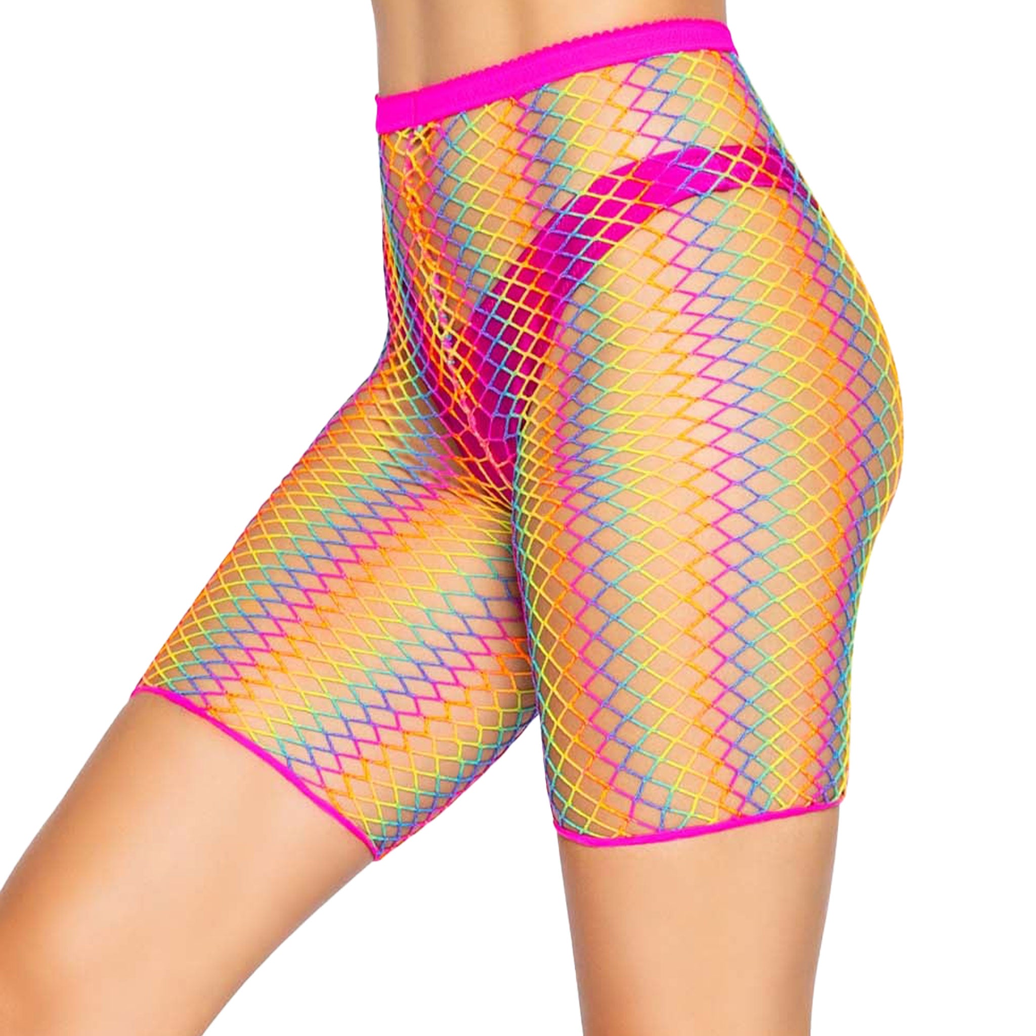 Nylon Spandex fishnet transparent seethru see-through see-thru apparel intimates bottoms shorts biker-shorts high-waist mid-thigh soft stretchy comfortable comfort-stretch breathable fashion alt-fashion punk rave rave-wear raver-babe unisex rainbow rainbow-ombre gay lgbtq pride 