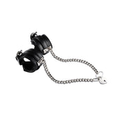 Leather vegan cuffs adjustable locking heart heart-shaped lock O-ring metallic zinc chain cuban-link bdsm bondage bdsm-gear wrist wrist-cuffs wristcuffs restraints accessories black silver