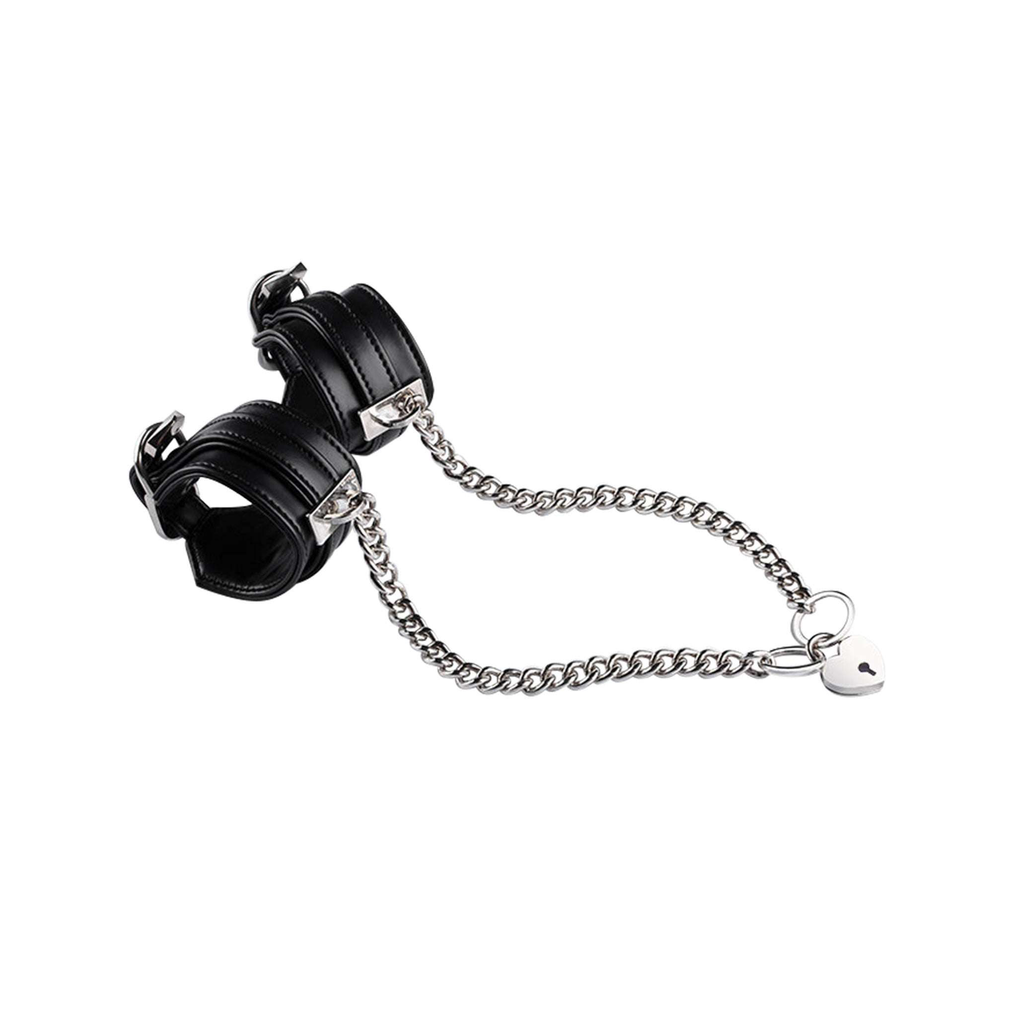 Leather vegan cuffs adjustable locking heart heart-shaped lock O-ring metallic zinc chain cuban-link bdsm bondage bdsm-gear wrist wrist-cuffs wristcuffs restraints accessories black silver