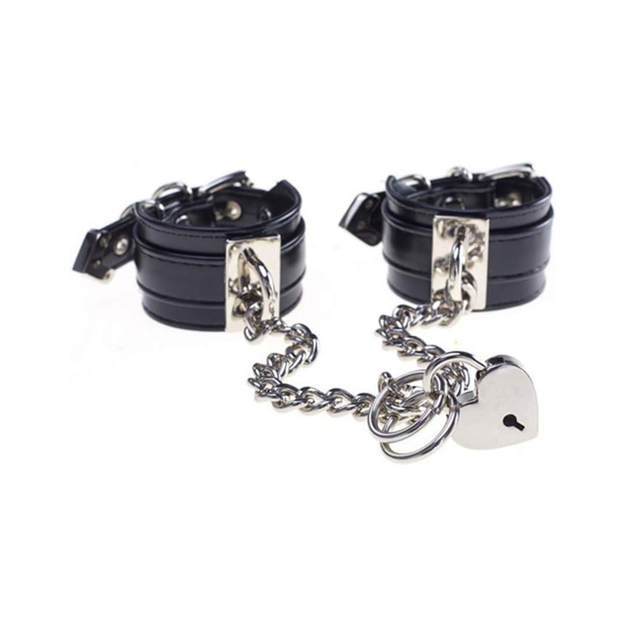 Leather vegan cuffs adjustable locking heart heart-shaped lock O-ring metallic zinc chain cuban-link bdsm bondage bdsm-gear wrist wrist-cuffs wristcuffs restraints accessories black silver