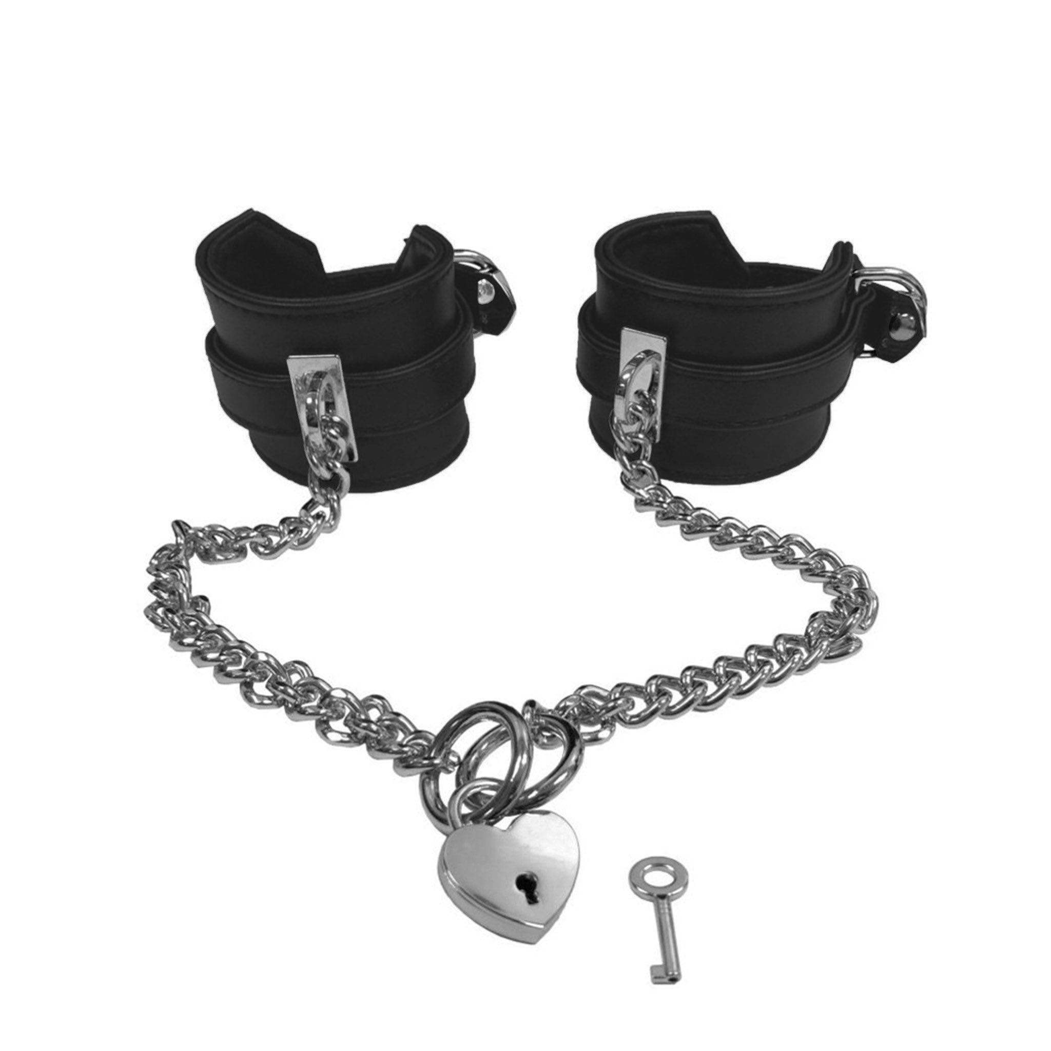 Leather vegan cuffs adjustable locking heart heart-shaped lock O-ring metallic zinc chain cuban-link bdsm bondage bdsm-gear wrist wrist-cuffs wristcuffs restraints accessories black silver