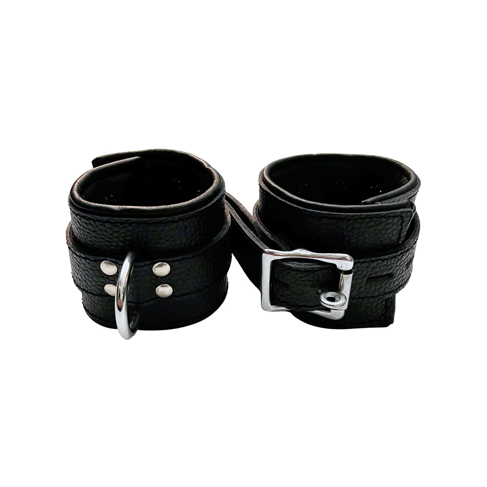 Leather thick-leather metallic-chain accessories restraints wrist wrist-cuffs metal-teeth vampire-teeth spike spikes spiked spiked-lining lockable locking dual-layer D-ring O-ring spring-clasp connecting-chain bondage bdsm sadism masochism sadist masochist kink kinky kinky-play sensory-play sensory adult-toys black