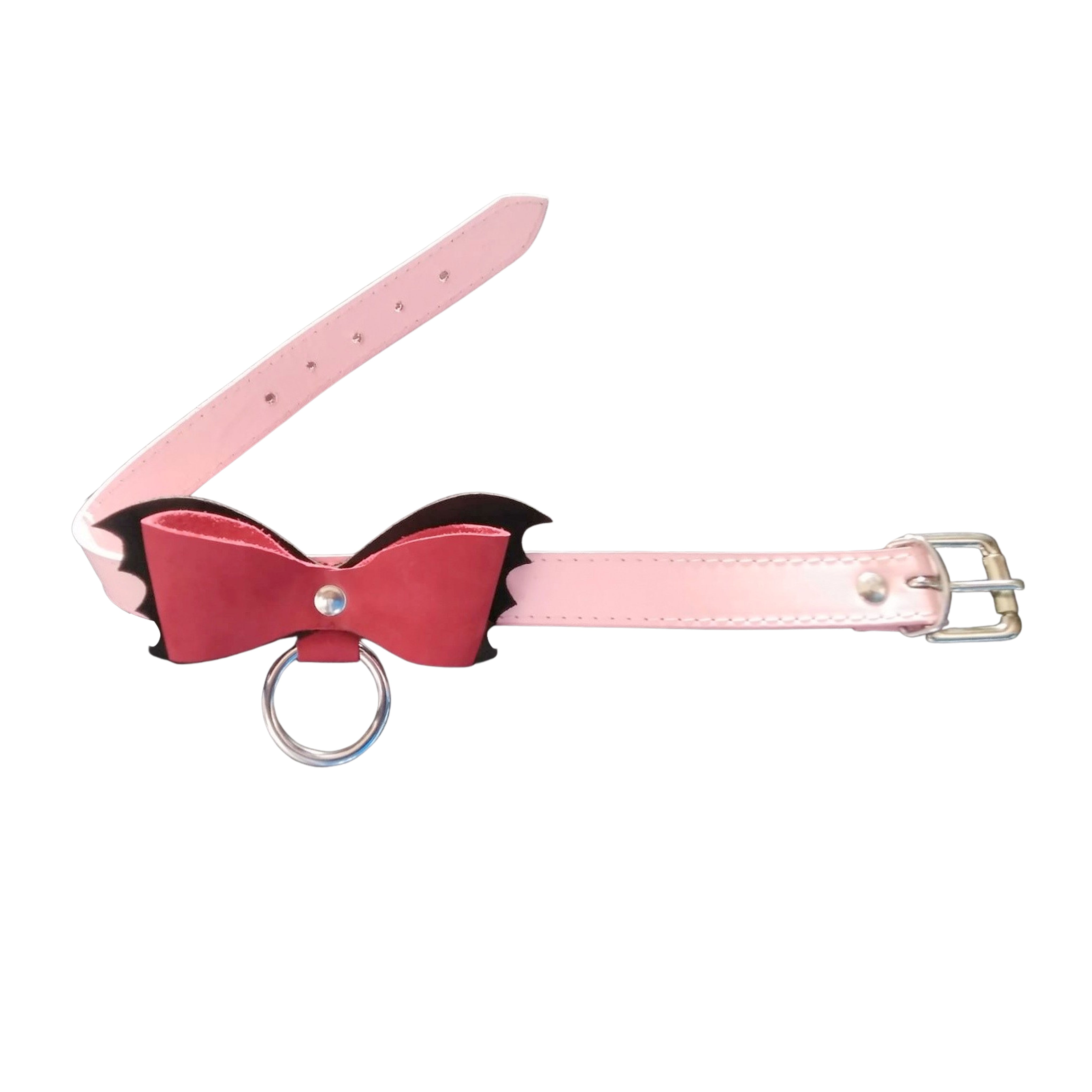 Bow Bat Leather Collar Pink Red & Black