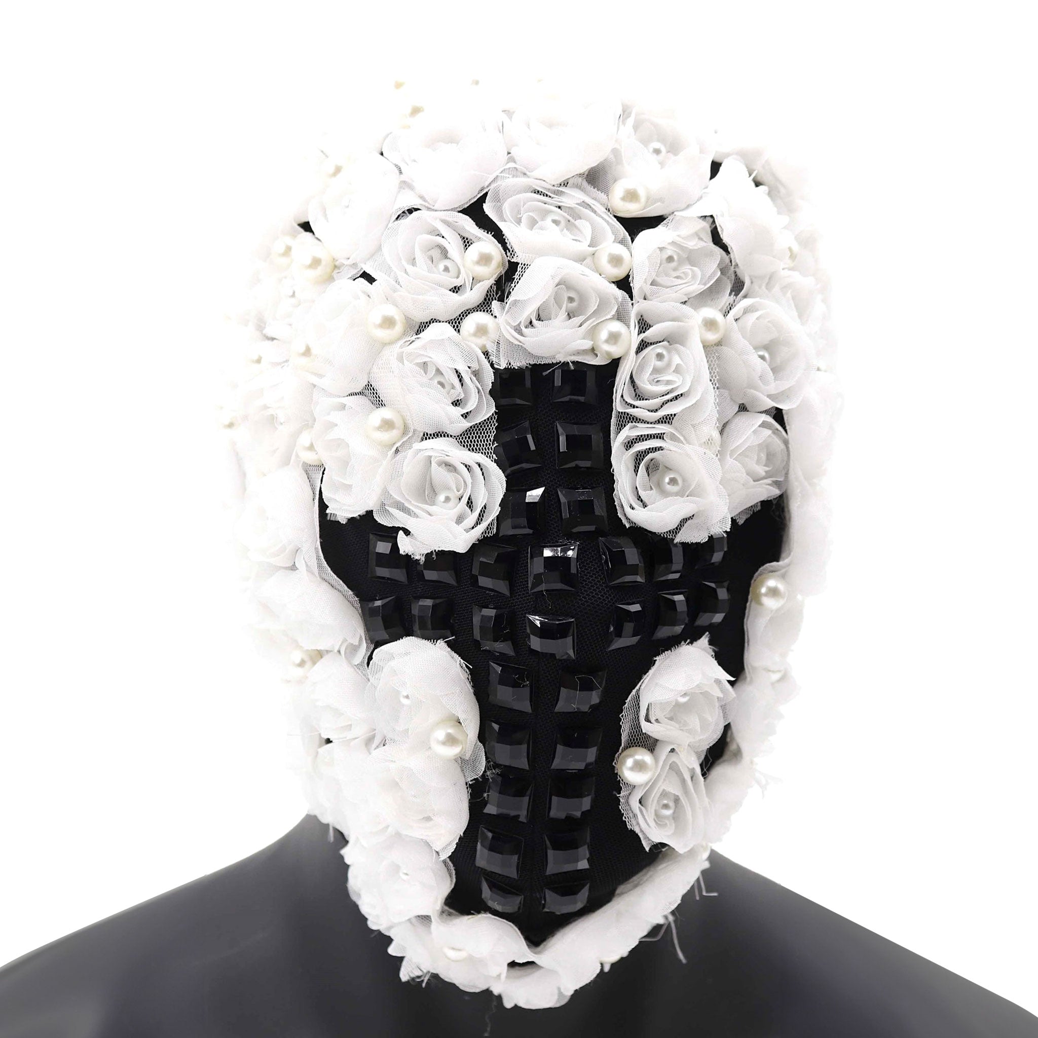 White Roses Fabric Black Gems Cross Face Hood