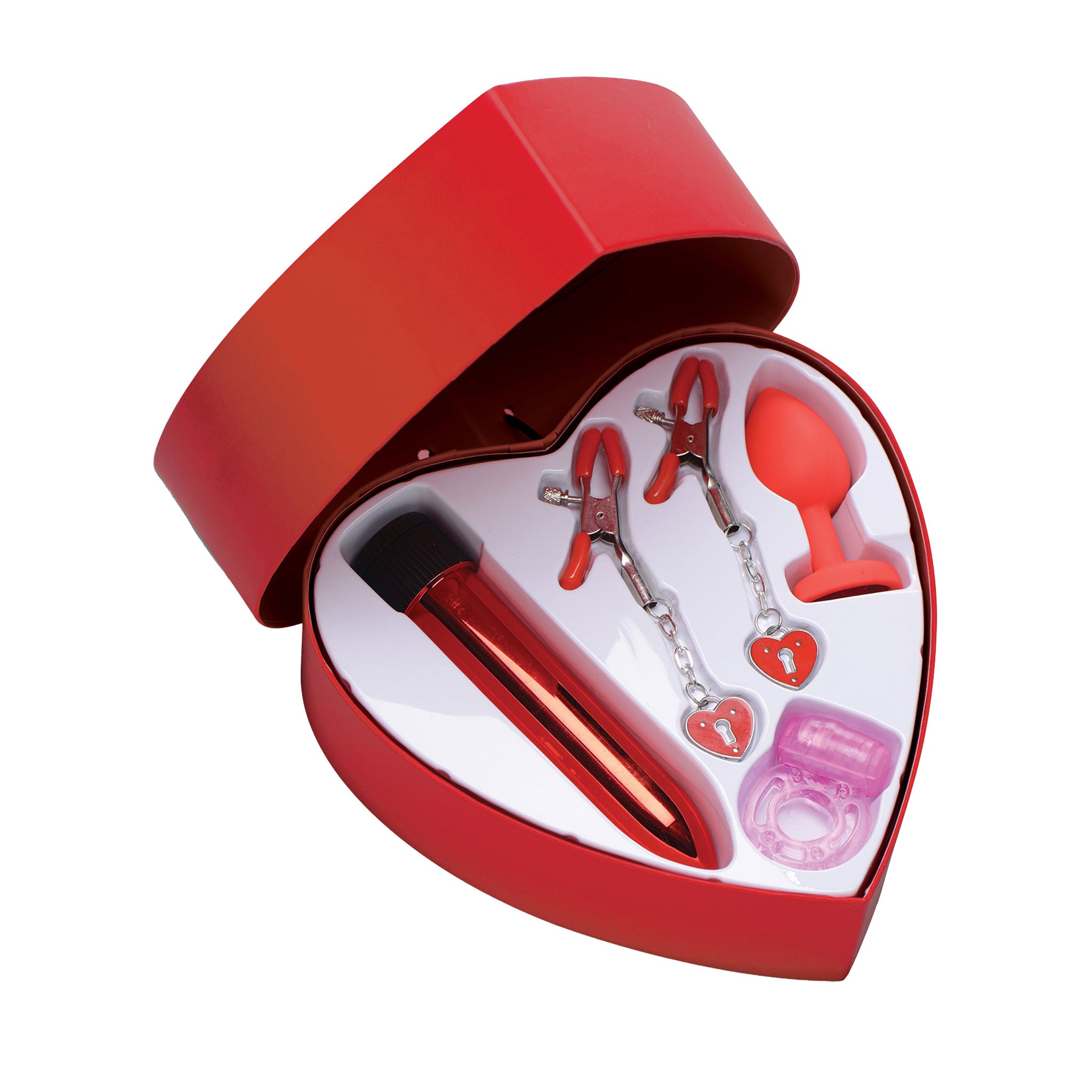 Red Heart Frisky Passion Set- Bullet Vibe, Plug, Nipple Clamp, Cock Ring