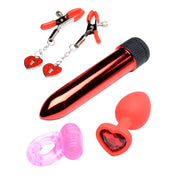 Red Heart Frisky Passion Set- Bullet Vibe, Plug, Nipple Clamp, Cock Ring