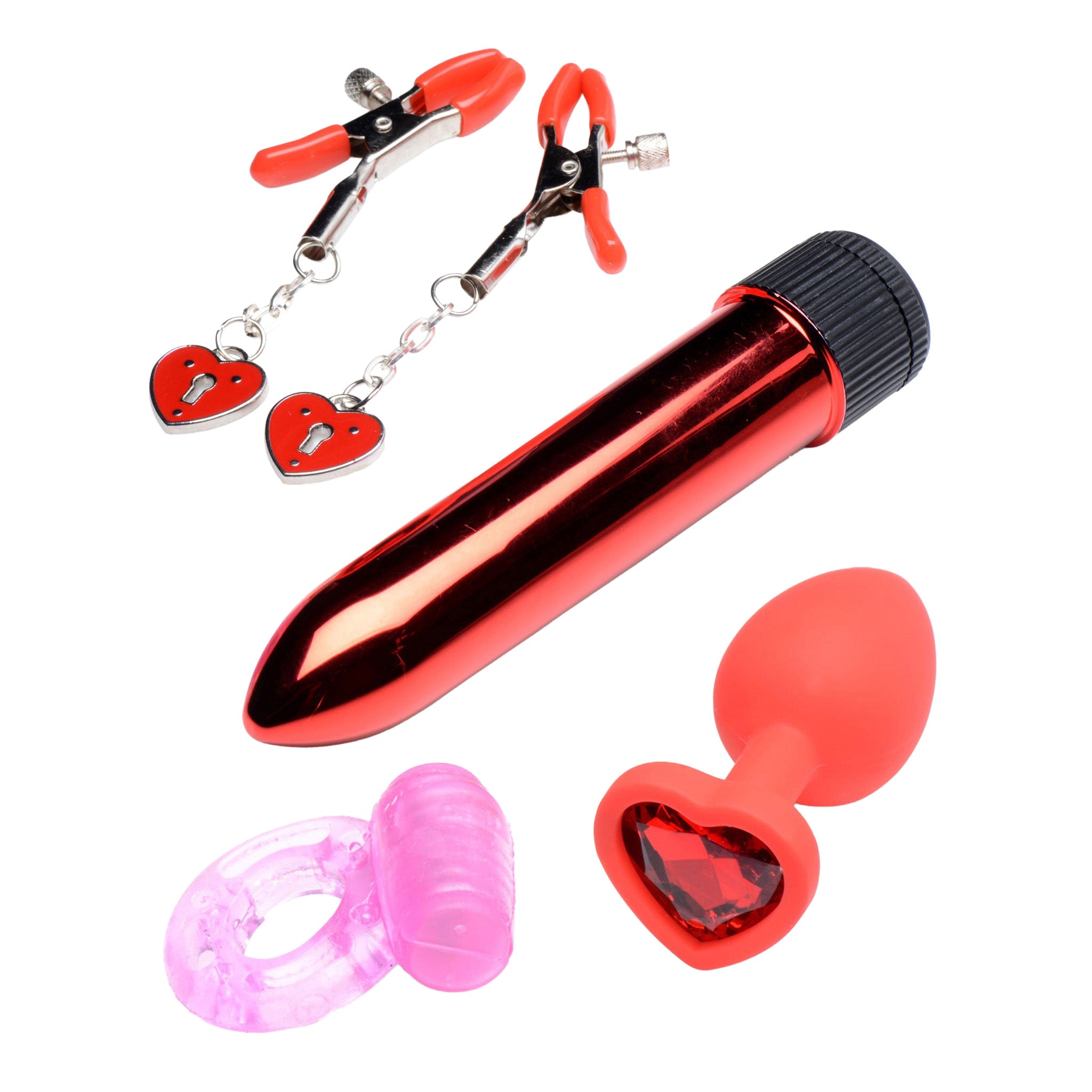 Red Heart Frisky Passion Set- Bullet Vibe, Plug, Nipple Clamp, Cock Ring