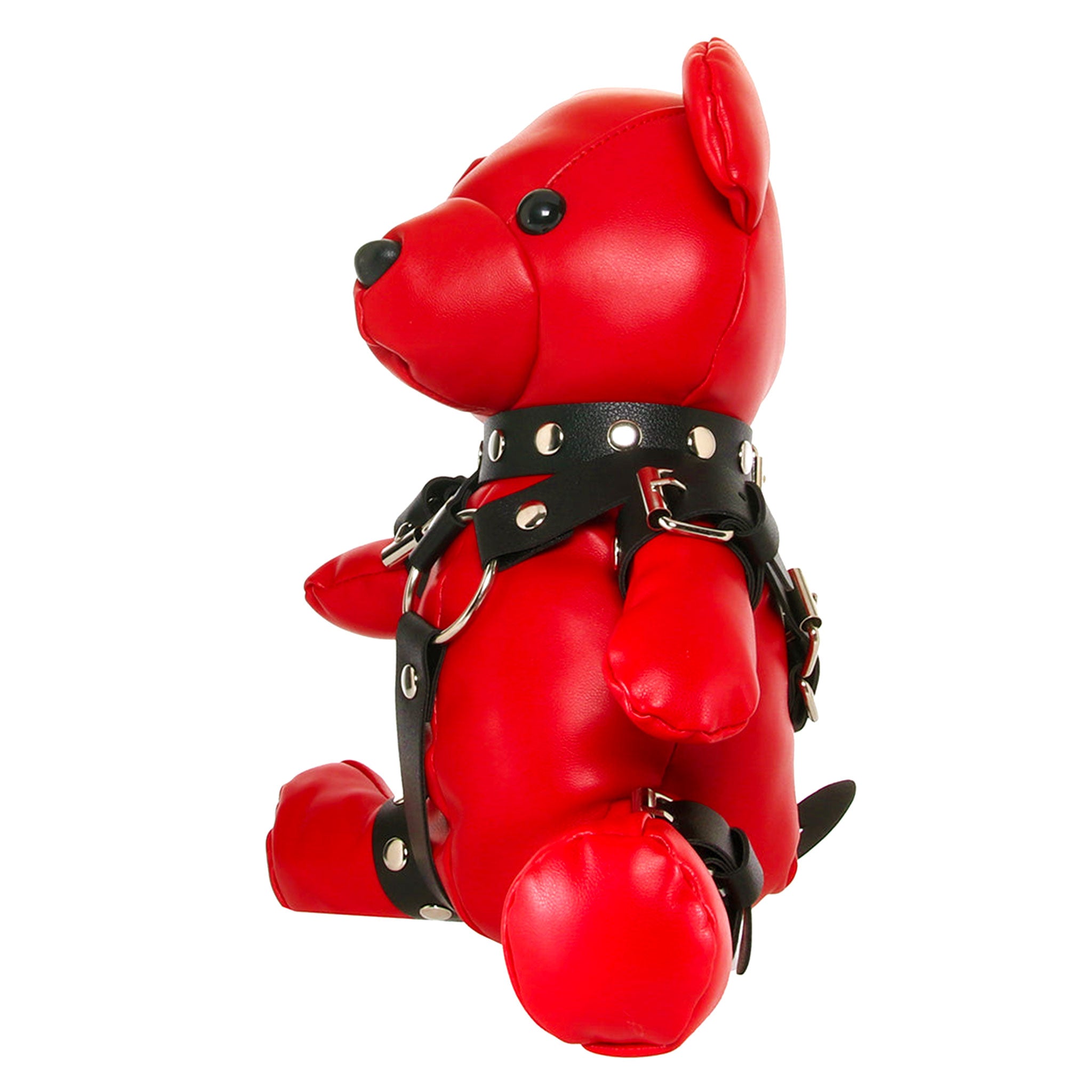 Stuffed plush animal bear gimp bdsm bondage leather vegan ABS plastic nickel-free kinky gift red black