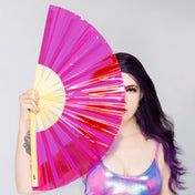 PVC vinyl wood bamboo stainless-steel accessories fan personal-fan folding-fan wooden-ribs bamboo-ribs fan-ribs steel-rivet reflective durable folding collapsible lightweight fetish fashion alt-fashion alternative cyber cyberpunk rave raver-girl festival party gifts costume cosplay halloween adult-toys unisex pink hot-pink gold holographic iridescent lgbtq pride