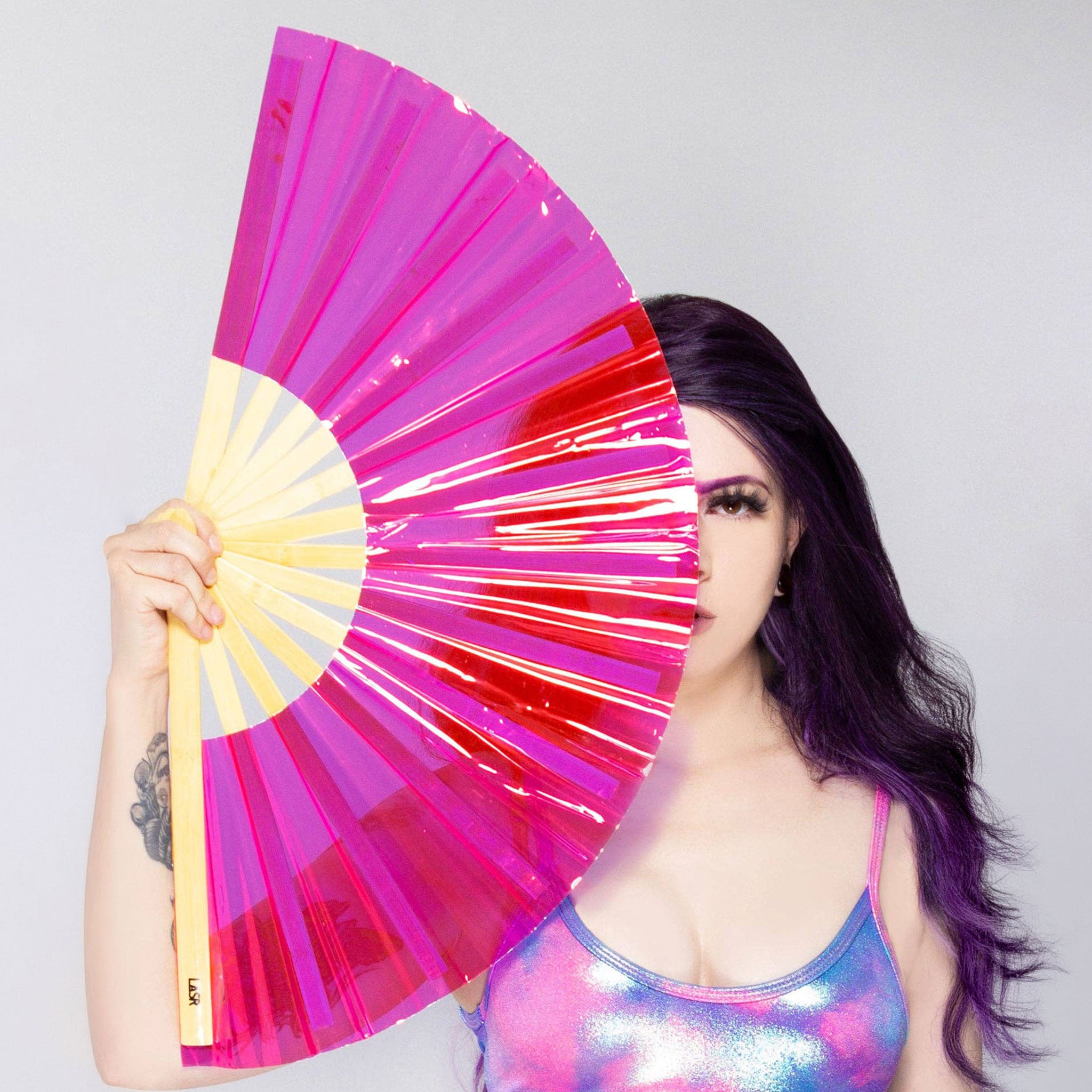 PVC vinyl wood bamboo stainless-steel accessories fan personal-fan folding-fan wooden-ribs bamboo-ribs fan-ribs steel-rivet reflective durable folding collapsible lightweight fetish fashion alt-fashion alternative cyber cyberpunk rave raver-girl festival party gifts costume cosplay halloween adult-toys unisex pink hot-pink gold holographic iridescent lgbtq pride