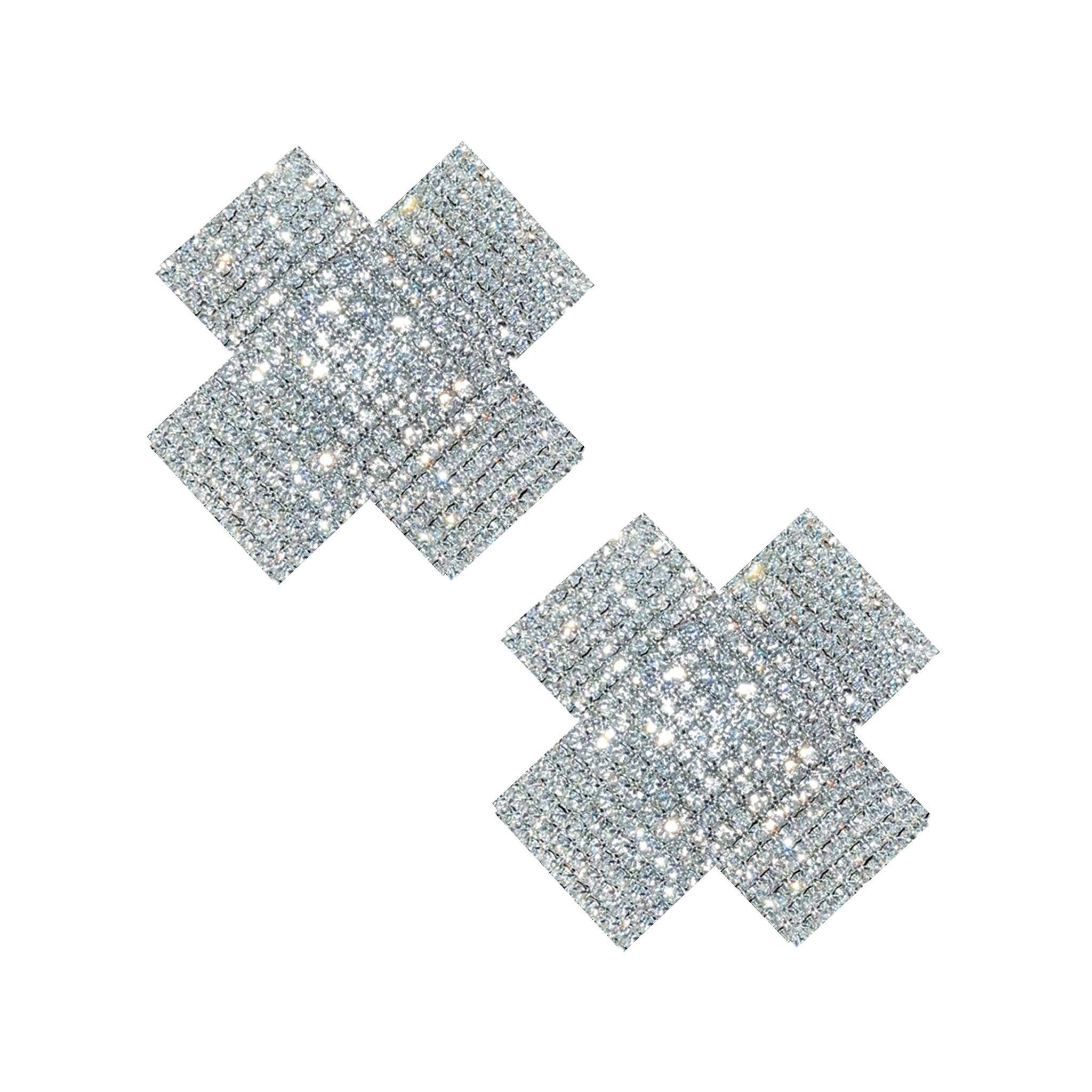 Adhesive medical-grade silicone silicone-backing self-adhering crystal crystal-covered jewel accessories intimates nipple pasties nipple-pasties nipple-covers breast-covers breast-shields x-shaped reusable sparkle sparkling shine shiny shining burlesque cabraet treasure fashion alt-fashion glam glamorous jazz classy clubwear female femme feminine womens clear