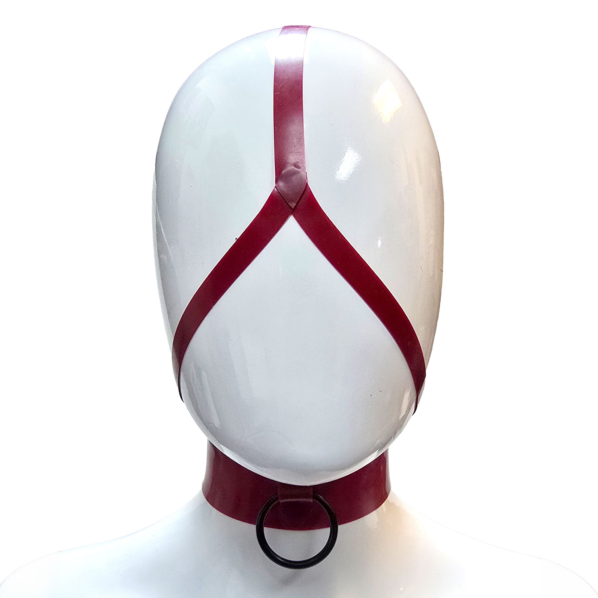Latex rubber accessories latex-accessories headgear head-gear mask hood collar choker harness head-harness y-shape inverted O-ring back-closure snap-button press-stud versatile fetish fashion alt-fashion punk goth gothic cyber bondage bdsm bdsm-gear kink kinky kinkwear pet pet-play costume cosplay halloween succubus unisex red blood-red