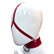 Latex rubber accessories latex-accessories headgear head-gear mask hood collar choker harness head-harness y-shape inverted O-ring back-closure snap-button press-stud versatile fetish fashion alt-fashion punk goth gothic cyber bondage bdsm bdsm-gear kink kinky kinkwear pet pet-play costume cosplay halloween succubus unisex red blood-red