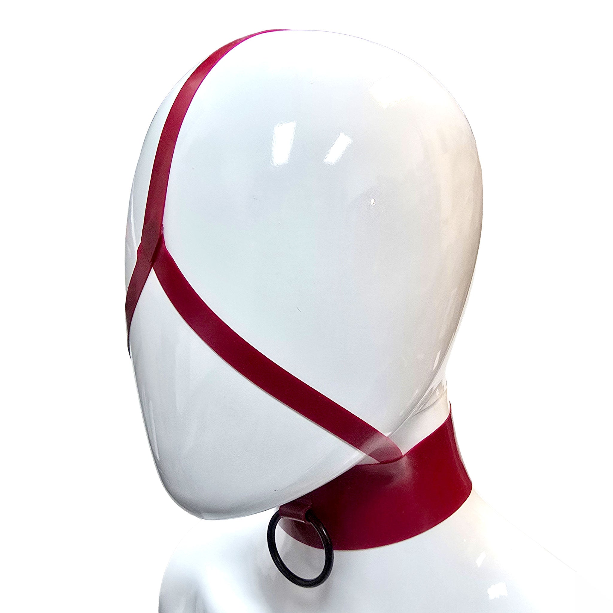 Latex rubber accessories latex-accessories headgear head-gear mask hood collar choker harness head-harness y-shape inverted O-ring back-closure snap-button press-stud versatile fetish fashion alt-fashion punk goth gothic cyber bondage bdsm bdsm-gear kink kinky kinkwear pet pet-play costume cosplay halloween succubus unisex red blood-red