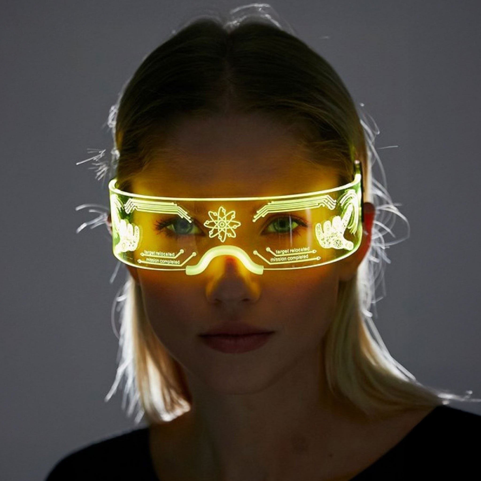 Accessories headgear eyewear goggles visor LED light-up sleek bold hacker cyberpunk cyber space futuristic sci-fi costume cosplay halloween yellow multicolor clear