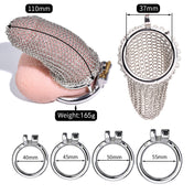 Long Stainless Chainmail Mesh Chastity Cage with Ergonomic Ring