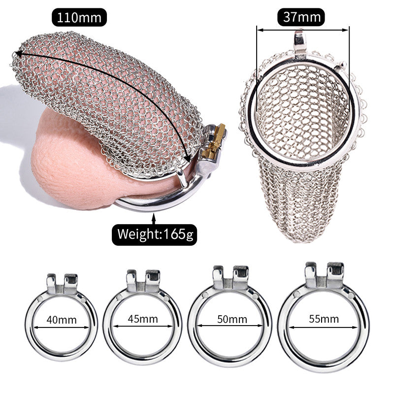 Long Stainless Chainmail Mesh Chastity Cage with Ergonomic Ring