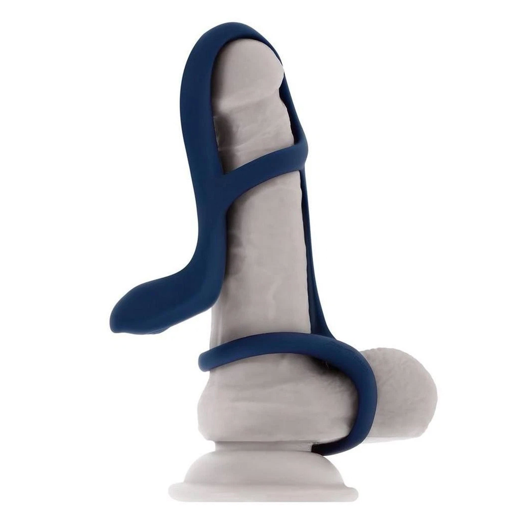 Silicone ABS-plastic vibe vibrator vibrating vibration stim stimulation stimulator cock&ball cock-and-ball cnb girth size increase increasing extender extending sheath ventilated dual ball-ring curve upward-curve remote-control waterproof submersible usb-rechargeable flexible sensation stabilizing stretchy adult-toys couples blue dark-blue 