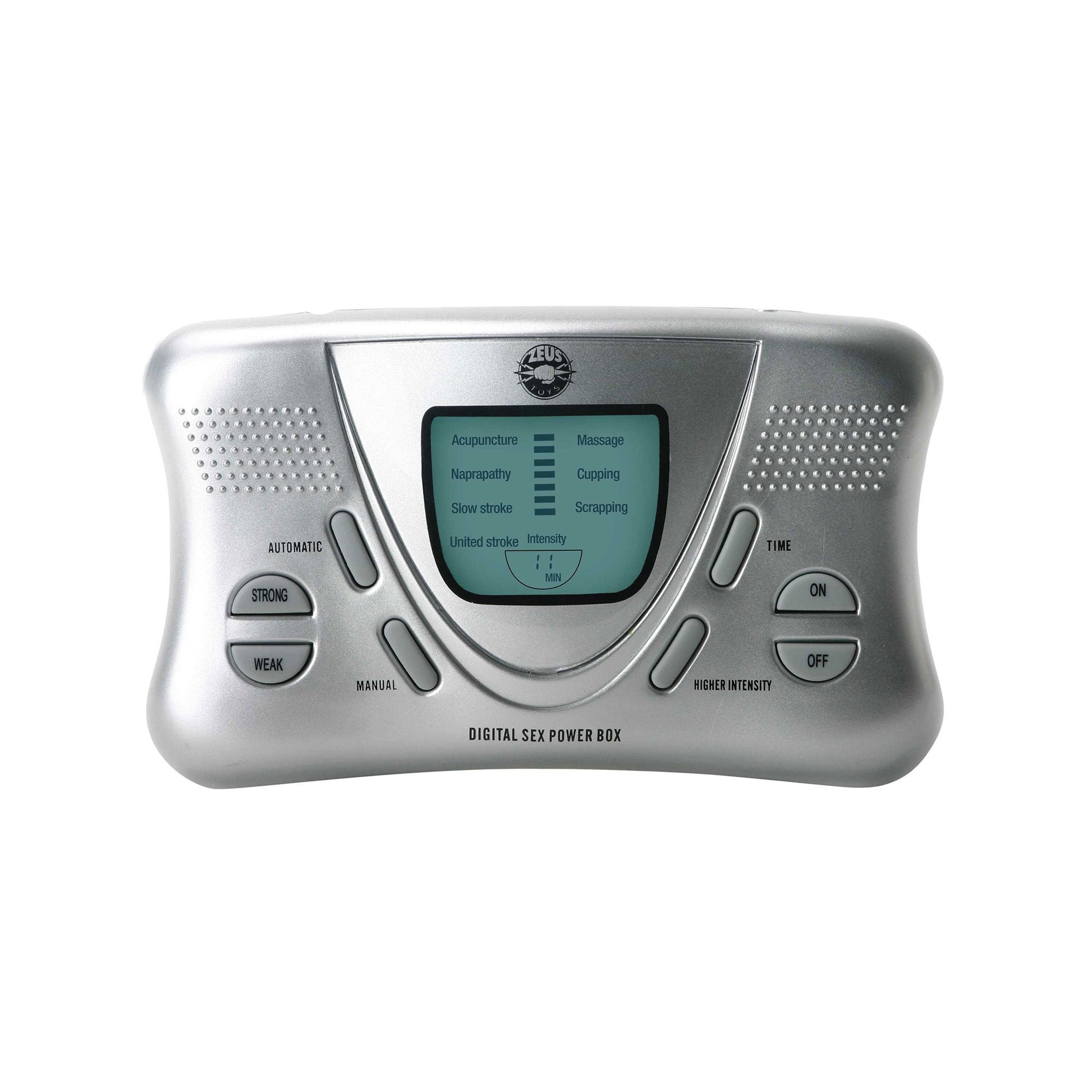 E-stim electro electro-stimulation electrical battery-powered power-box digital lead-wires adhesive-pads intensity pattern preset-routines bipolar-compatible timer digital-display LCD-display power snap-clip compatible sensory sensory-play sensational bdsm kink kinky kinky-play shocking couples zeus silver gray