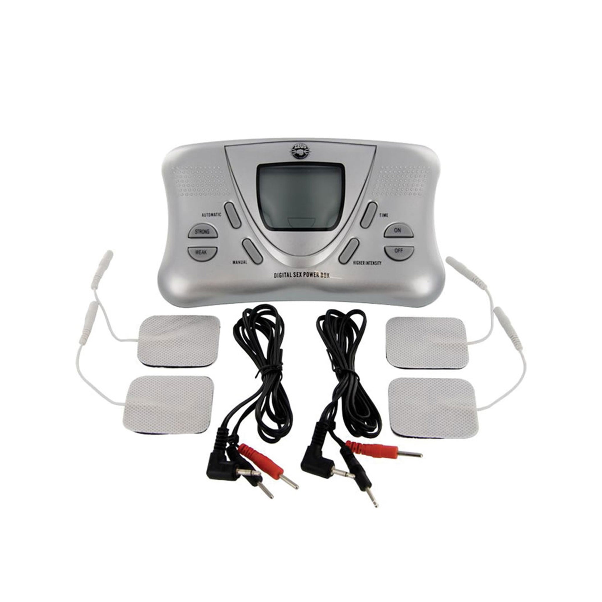 E-stim electro electro-stimulation electrical battery-powered power-box digital lead-wires adhesive-pads intensity pattern preset-routines bipolar-compatible timer digital-display LCD-display power snap-clip compatible sensory sensory-play sensational bdsm kink kinky kinky-play shocking couples zeus silver gray