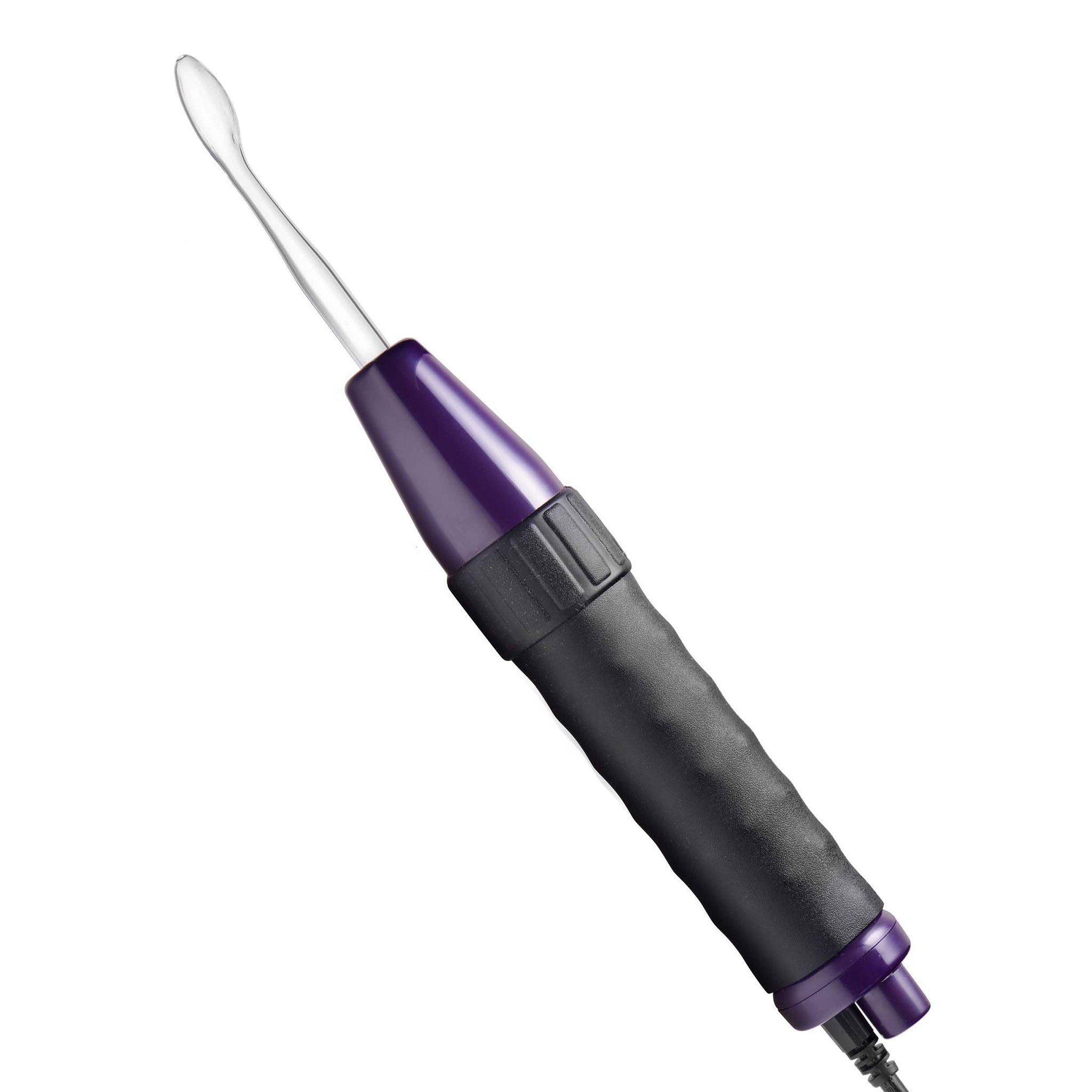 ABS-plastic glass pyrex silicone metal wand estim e-stim electrosex electro-sex electrified electrode intensity variable attachment add-on ambient halo illume flux the-radiator adapter kink kinky kinky-play fetish bdsm sadism masochism sensory sensory-play adult-toys zeus twilight purple black