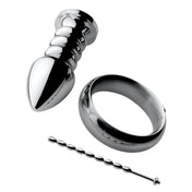 Stainless-steel nonporous non-porous accessories kit 3pc 3-pc 3-piece three-piece electrosex electro-sex e-stim stim stimulator stimulation stimulating bipolar conductive anal anal-play butt-play butt-stuff buttplug butt-plug anal-plug anal-probe ribbed tapered-tip cnb cock-and-ball cockring cock-ring urethral-plug penis-plug beaded bondage bdsm bdsm-gear bdsm-toys kink kinky kinky-toys kinky-play medical medical-toys medical-play shocking extreme pain adult-toys male masculine masc mens guys dudes silver