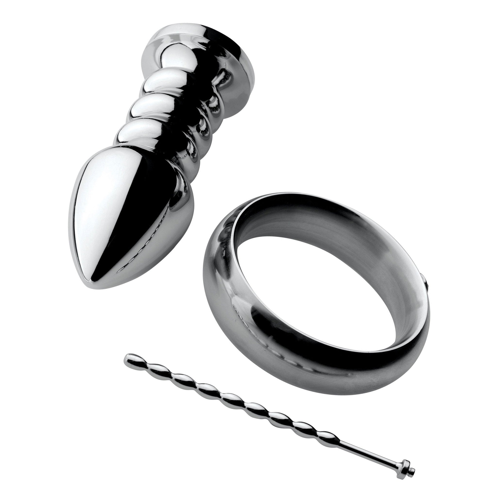 Stainless-steel nonporous non-porous accessories kit 3pc 3-pc 3-piece three-piece electrosex electro-sex e-stim stim stimulator stimulation stimulating bipolar conductive anal anal-play butt-play butt-stuff buttplug butt-plug anal-plug anal-probe ribbed tapered-tip cnb cock-and-ball cockring cock-ring urethral-plug penis-plug beaded bondage bdsm bdsm-gear bdsm-toys kink kinky kinky-toys kinky-play medical medical-toys medical-play shocking extreme pain adult-toys male masculine masc mens guys dudes silver