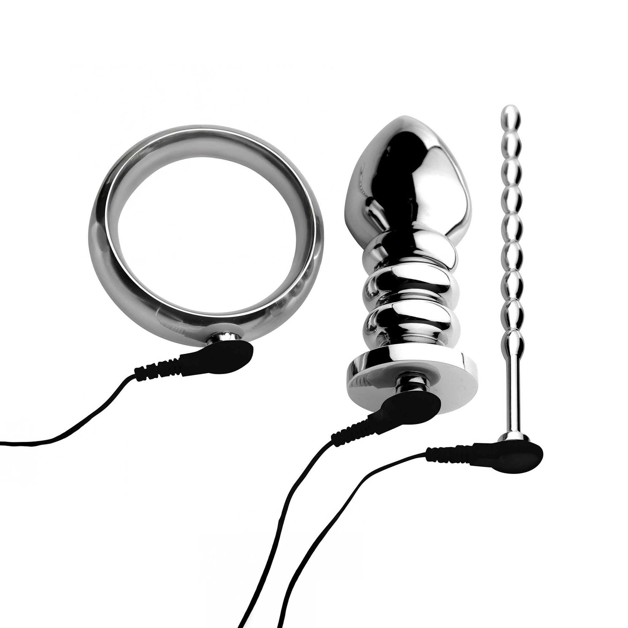 Stainless-steel nonporous non-porous accessories kit 3pc 3-pc 3-piece three-piece electrosex electro-sex e-stim stim stimulator stimulation stimulating bipolar conductive anal anal-play butt-play butt-stuff buttplug butt-plug anal-plug anal-probe ribbed tapered-tip cnb cock-and-ball cockring cock-ring urethral-plug penis-plug beaded bondage bdsm bdsm-gear bdsm-toys kink kinky kinky-toys kinky-play medical medical-toys medical-play shocking extreme pain adult-toys male masculine masc mens guys dudes silver