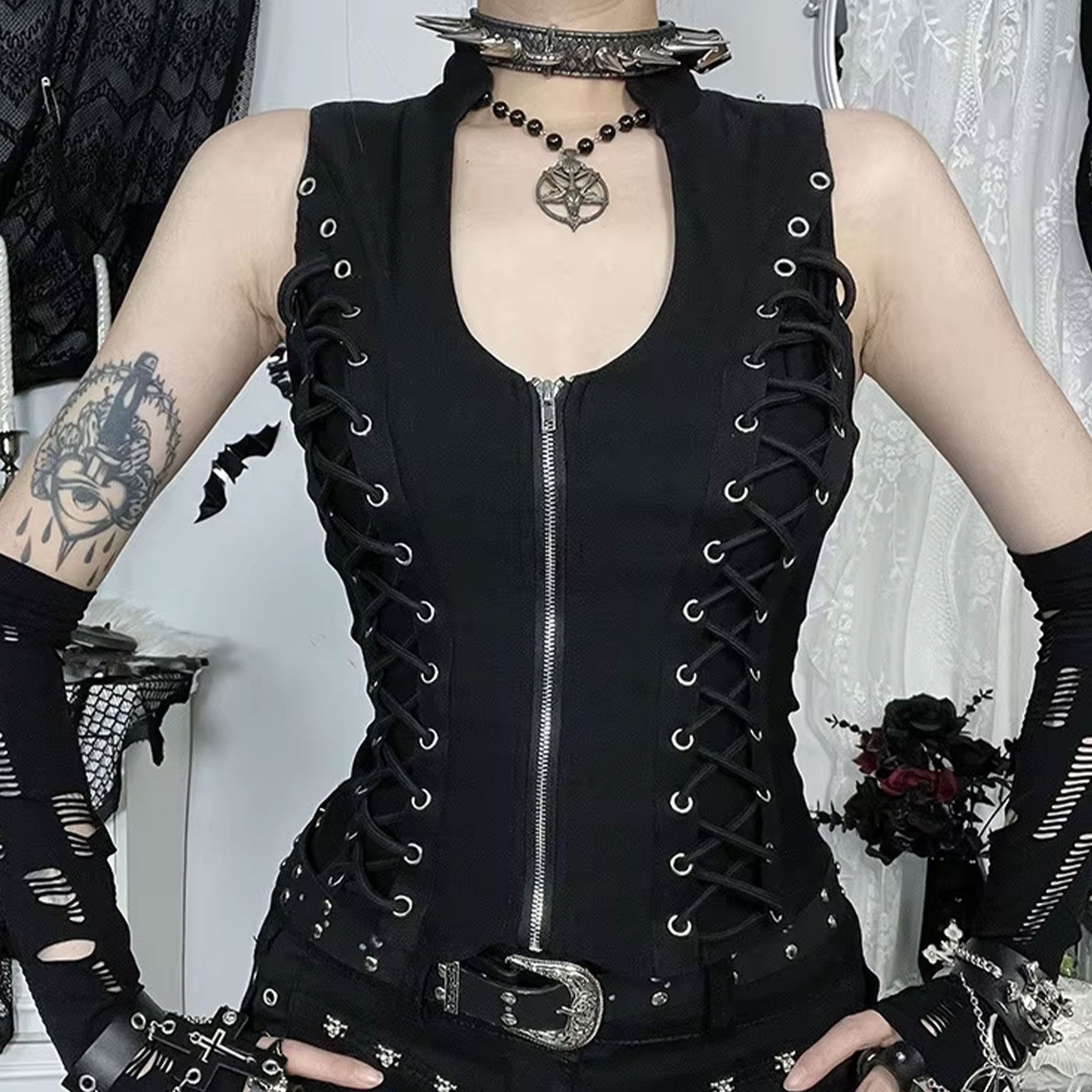 Spandex polyester nylon-cording apparel top tanktop tank-top strapless sleeveless zipper front-zip full-zip front-lacing grommets stretchy trendy chic edgy form-fitting stylish fashion alt-fashion alternative goth gothic punk rock cyber cyberpunk cyber-punk streetwear casual everyday costume cosplay halloween female femme feminine women black