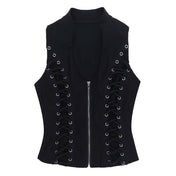 Spandex polyester nylon-cording apparel top tanktop tank-top strapless sleeveless zipper front-zip full-zip front-lacing grommets stretchy trendy chic edgy form-fitting stylish fashion alt-fashion alternative goth gothic punk rock cyber cyberpunk cyber-punk streetwear casual everyday costume cosplay halloween female femme feminine women black