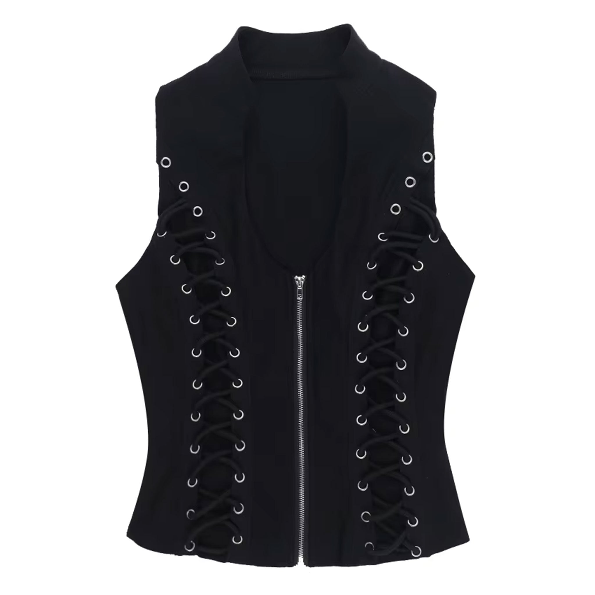 Spandex polyester nylon-cording apparel top tanktop tank-top strapless sleeveless zipper front-zip full-zip front-lacing grommets stretchy trendy chic edgy form-fitting stylish fashion alt-fashion alternative goth gothic punk rock cyber cyberpunk cyber-punk streetwear casual everyday costume cosplay halloween female femme feminine women black